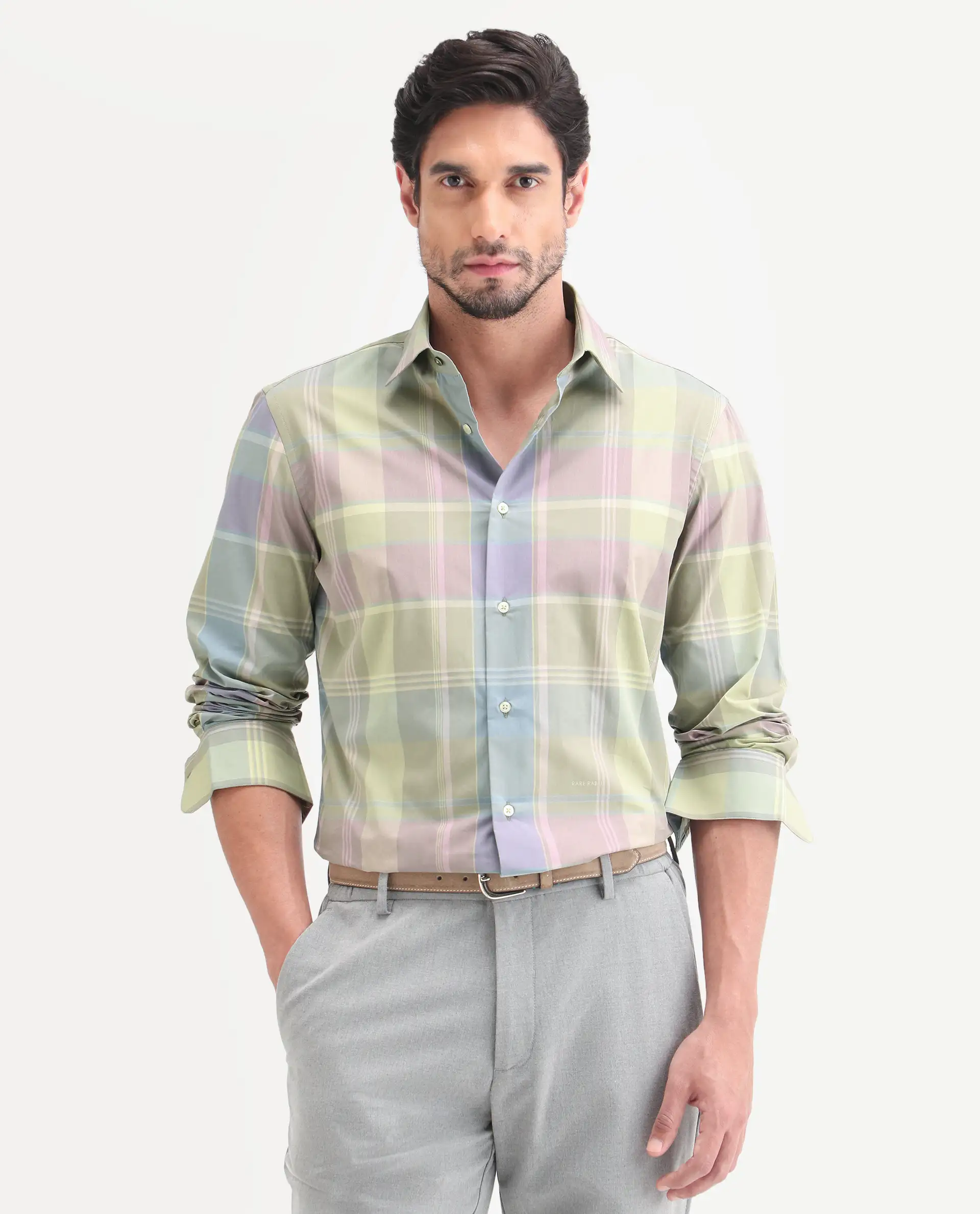 Rare Rabbit Men's Rizi Light Green Cotton Full Sleeve Spread Collar Regular Fit Checked Shirt