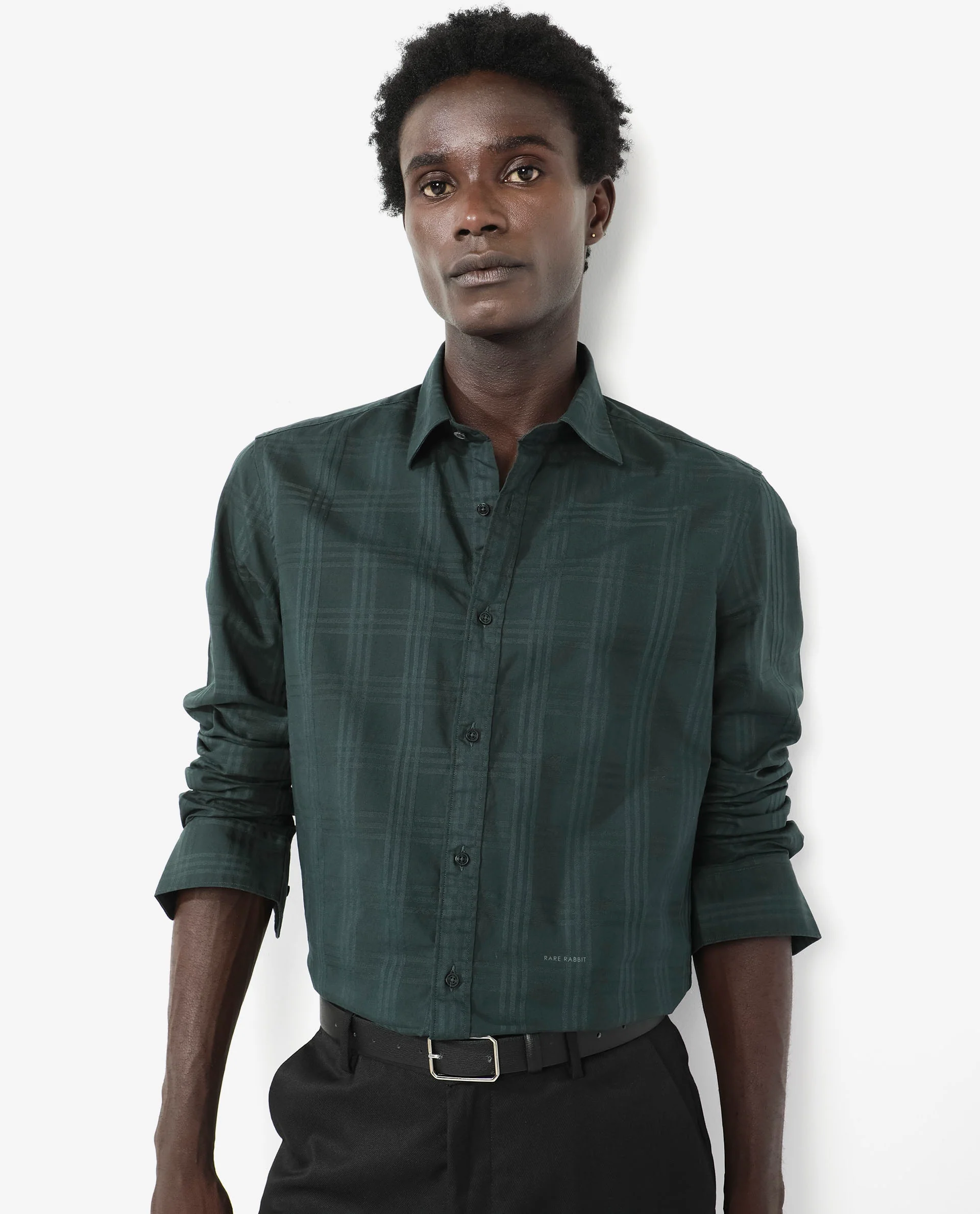 Rare Rabbit Men's Roar Dark Green Cotton Checked Print Regular Fit Full Sleeve Collared Shirt