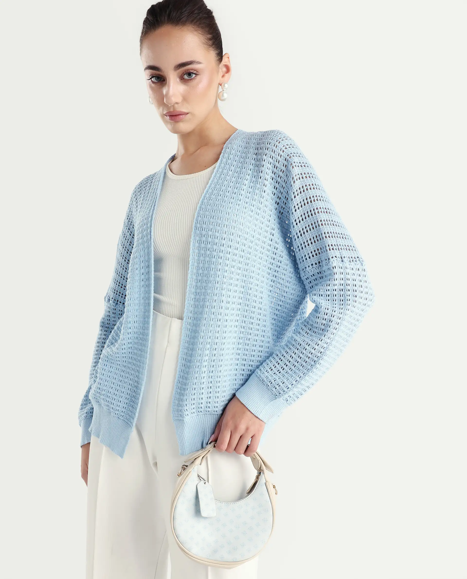 Rareism Women's Roba Light Blue Cotton Plain Relaxed Fit Shrug