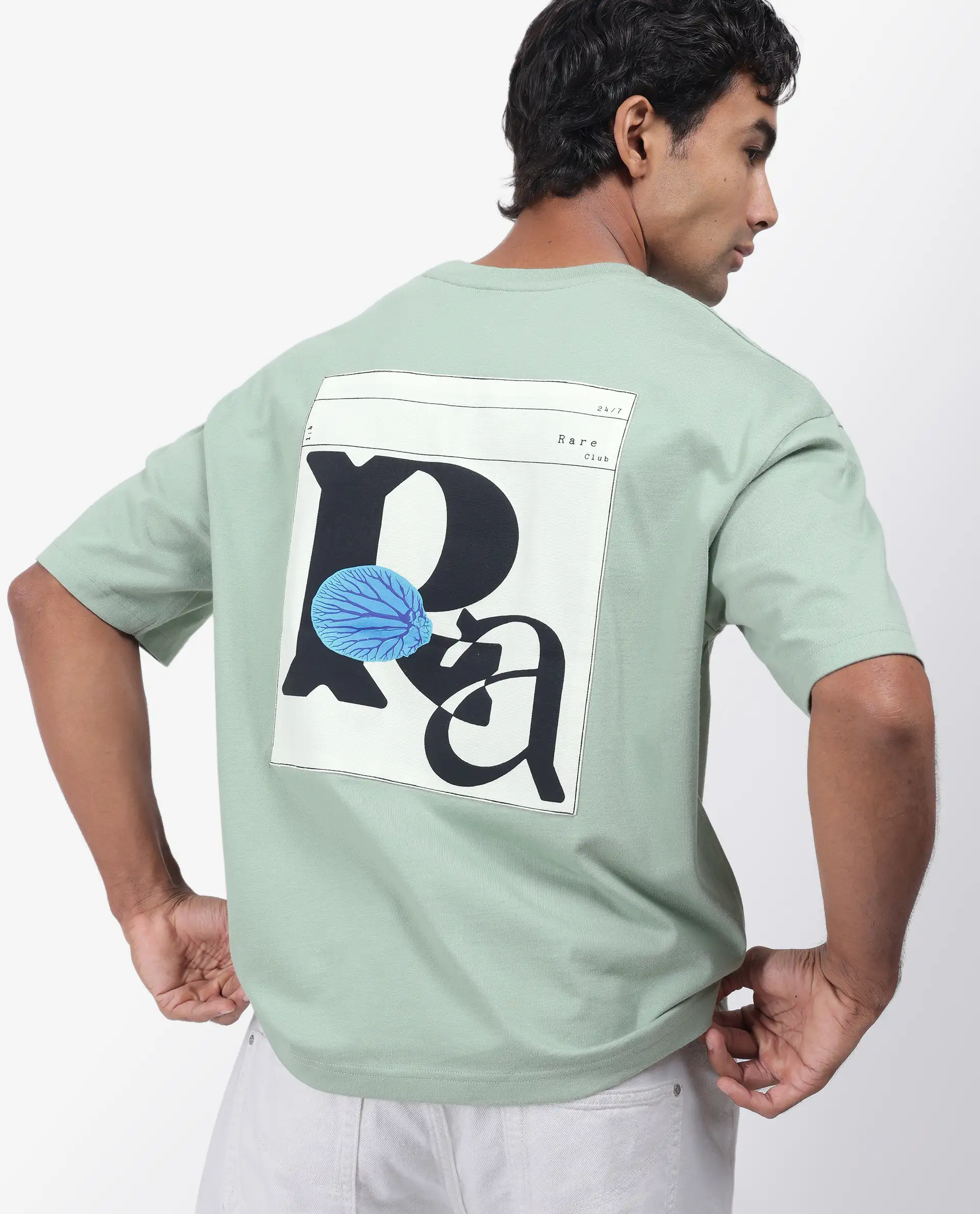 Rare Rabbit Men's Roe Green Cotton Graphic Print Oversized Fit Half Sleeve Crew Neck T-Shirt