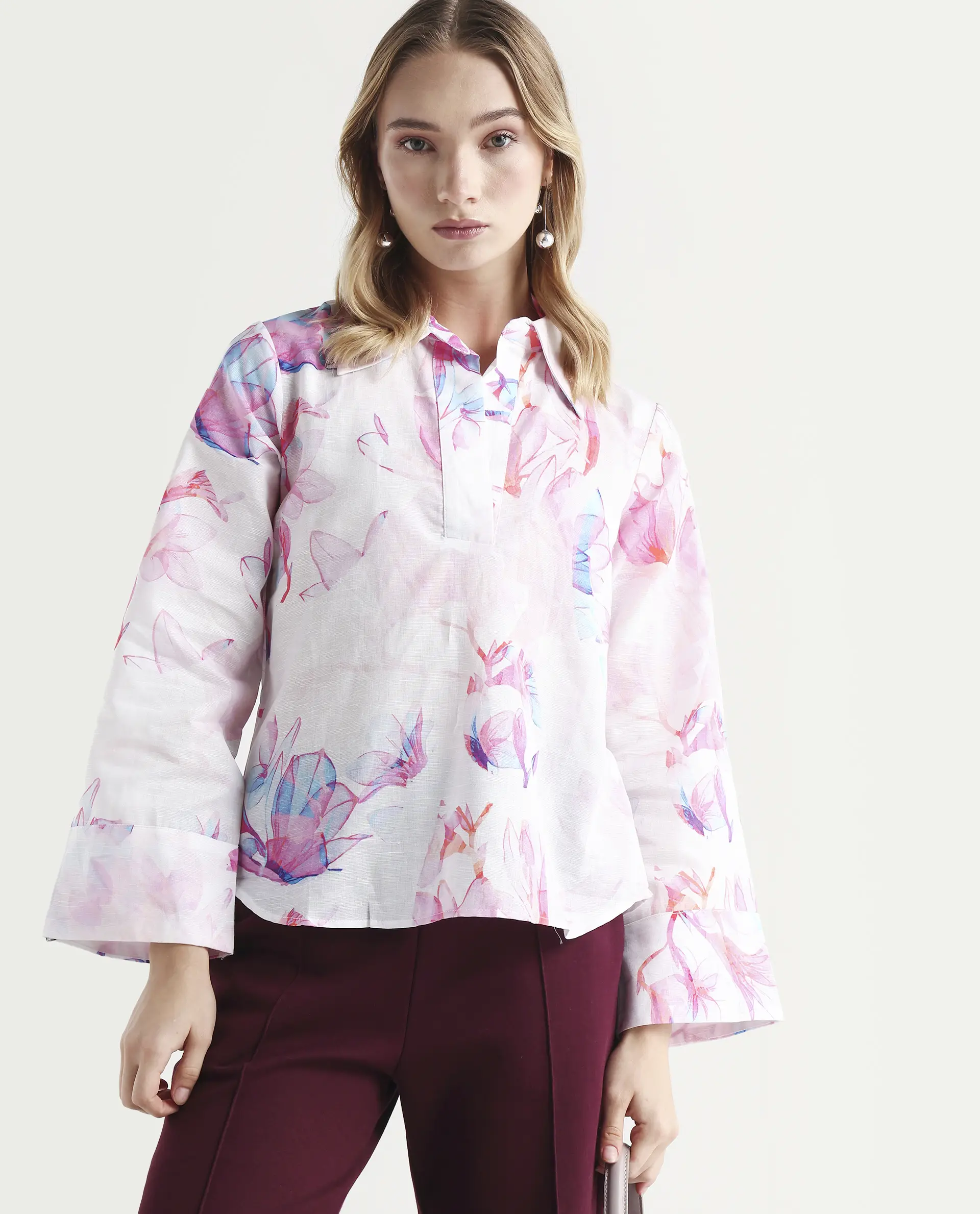 Rareism Women's Rofianie Light Multi Cotton Blend Drop Collar Abstract Print Bell Sleeve Regular Fit Top