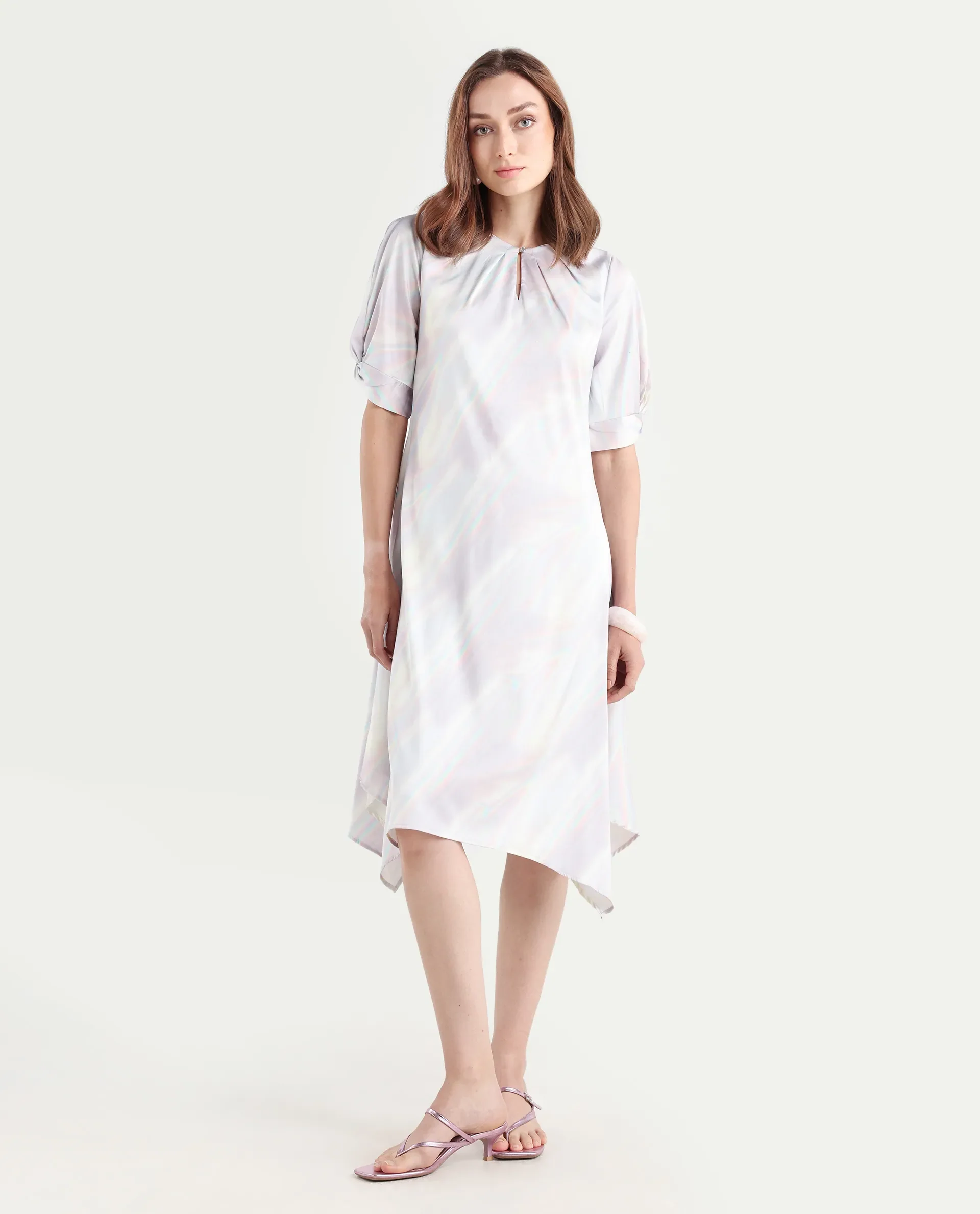 Rareism Women's Rogaz Light Multi Polyester Crew Neck Floral Print Balloon Sleeve Midi Asymmetric Dress