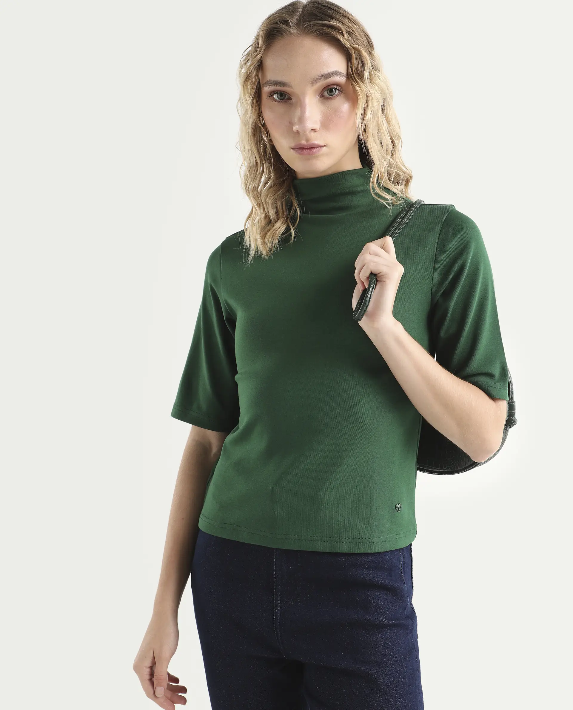 Rareism Women's Rohdrio Dark Green Cotton Blend High Neck Plain Regular Fit Top