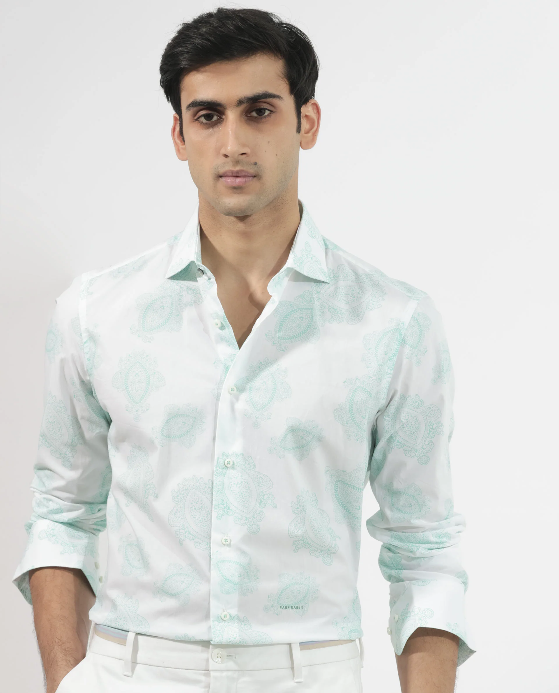 Rare Rabbit Men's Rojackk Turq Cotton Paisley Print Regular Fit Full Sleeve Collared Shirt