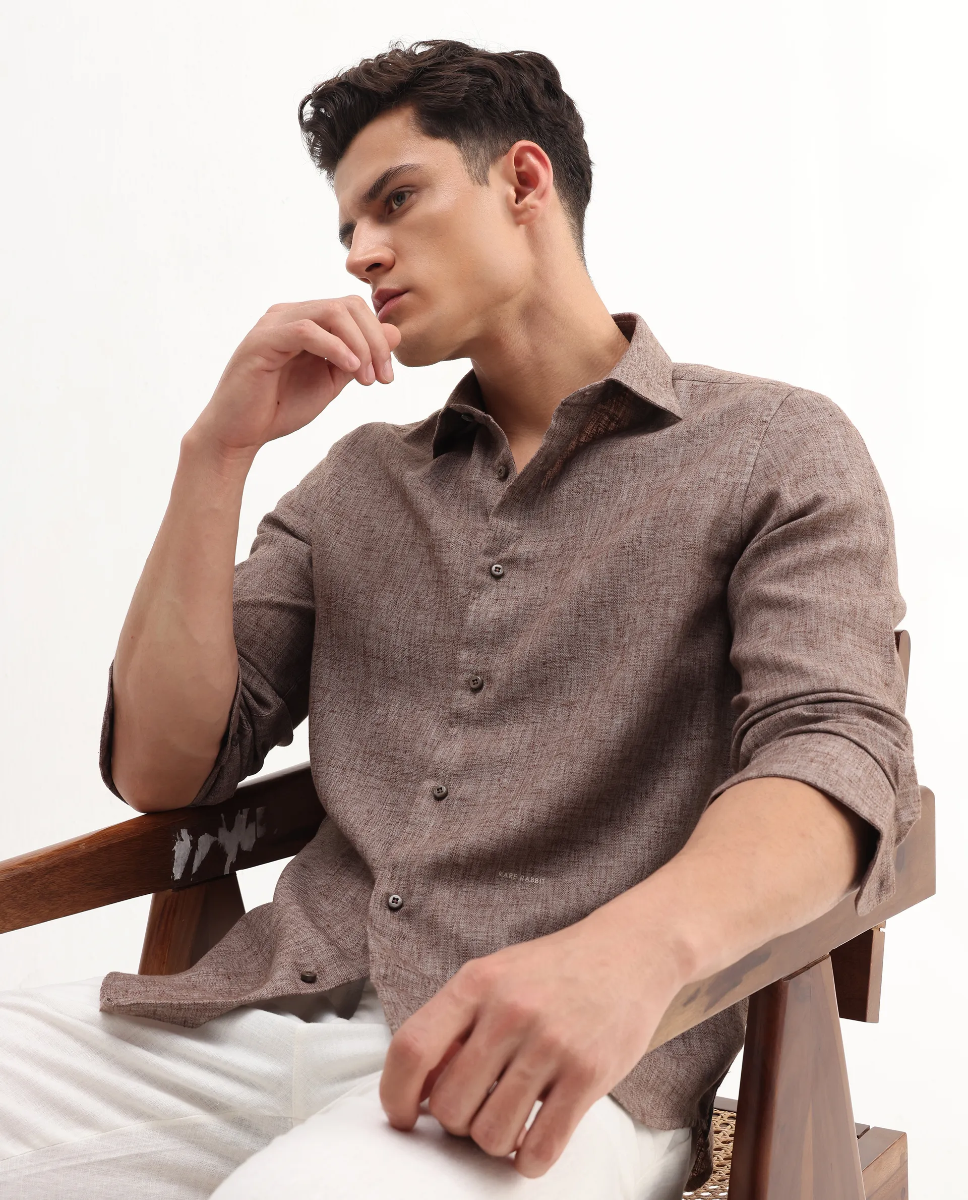 Rare Rabbit Men's Rome-Fs Dusky Brown Polyester Blend Plain Regular Fit Full Sleeve Collared Shirt