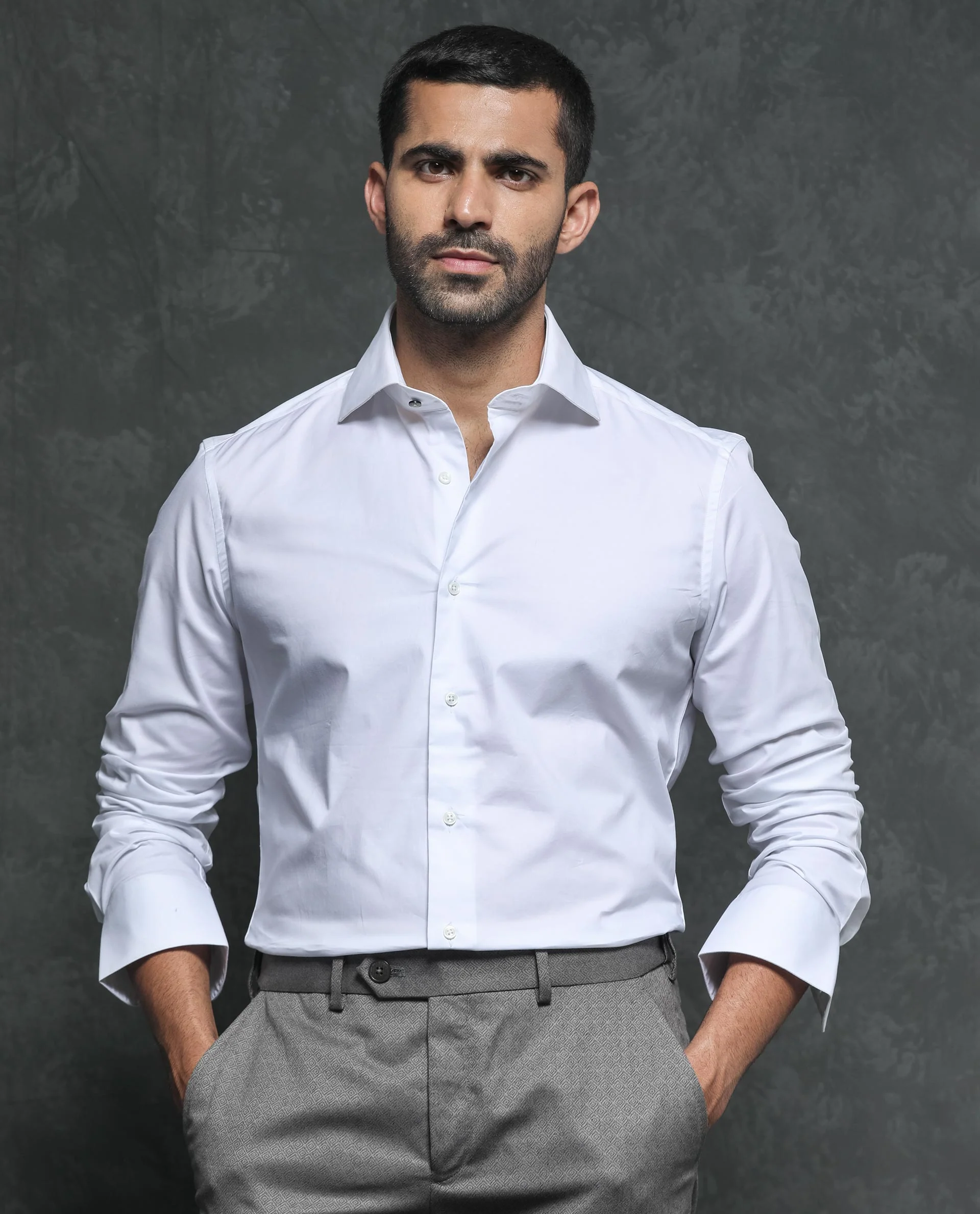Rare Rabbit Men's Ronas White Cotton Plain Tailored Fit Full Sleeve Collared Shirt