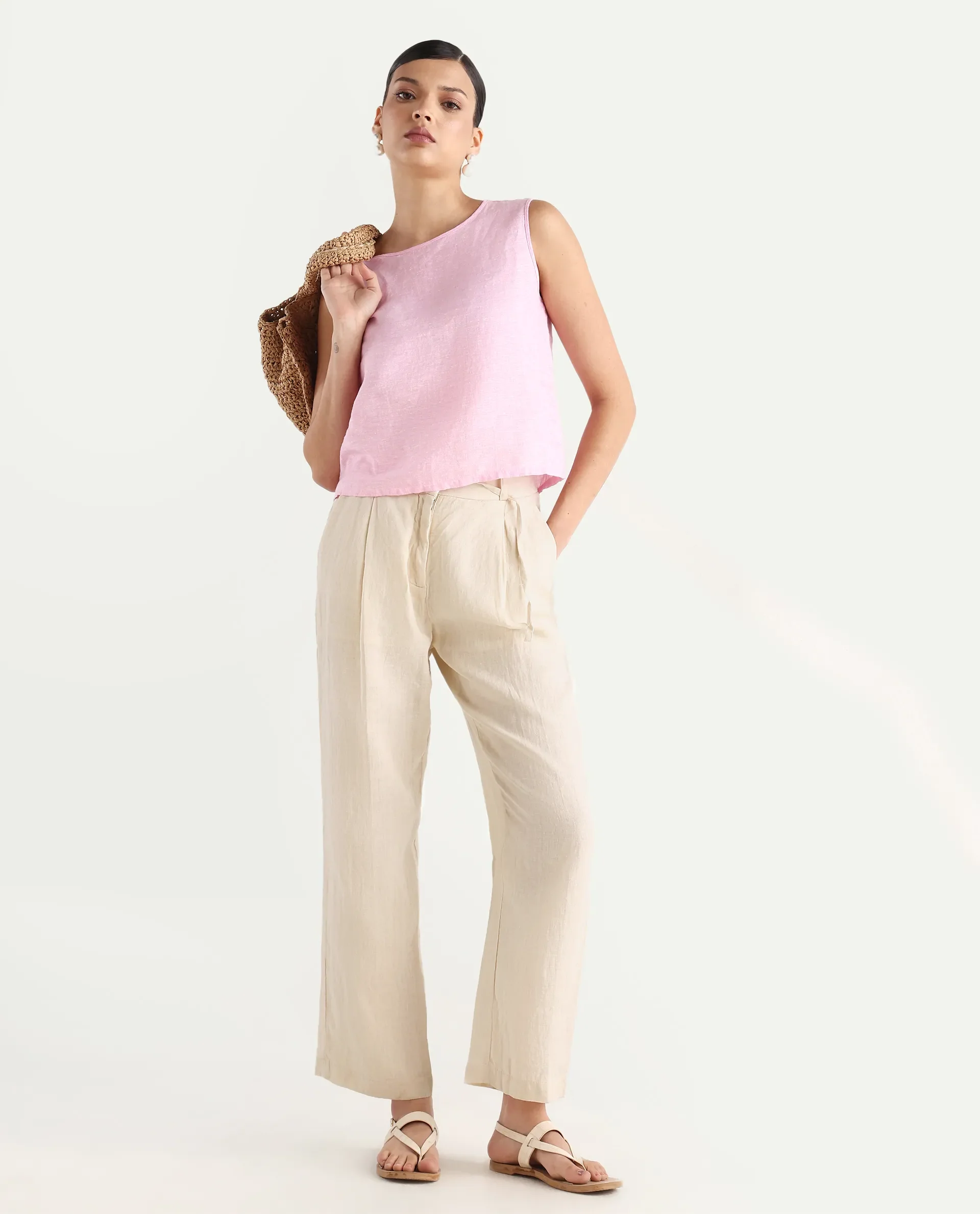 Rareism Women's Ronbla B Beige Linen Plain Ankle Length Straight Fit Trouser