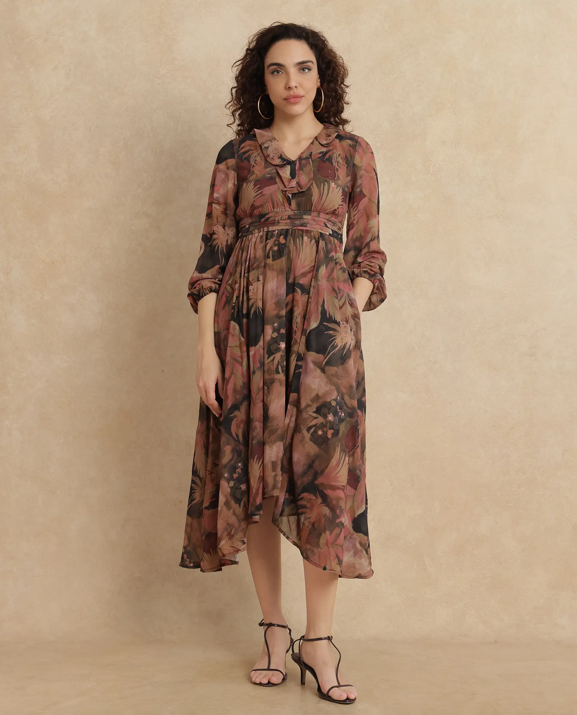 Rareism Women's Ronfriko Dark Green Polyester V-Neck Floral Print Bell Sleeve Midi Fit And Flare Dress
