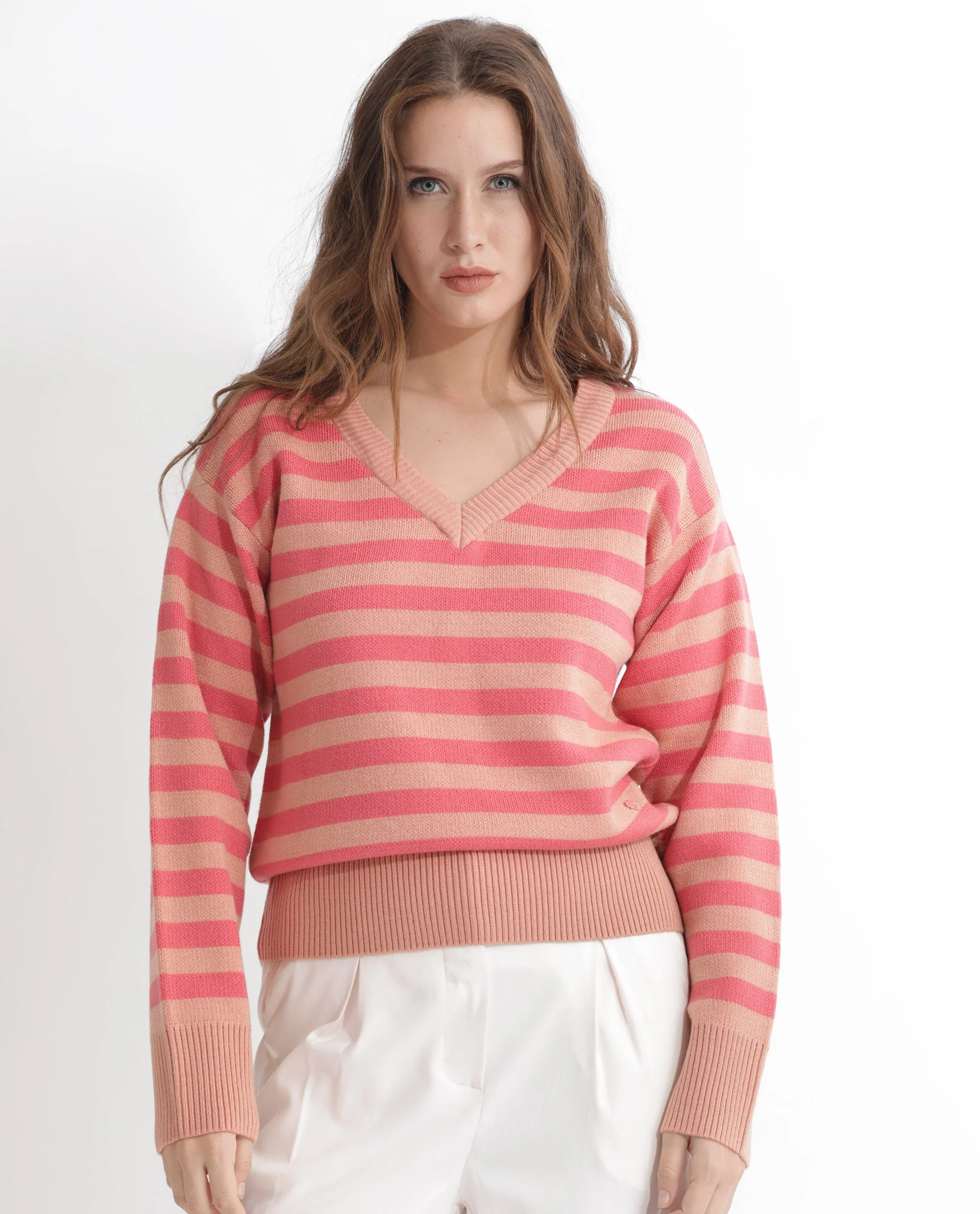 Rareism Women's Ronnie Dark Pink Acrylic V-Neck Striped Relaxed Fit Sweater