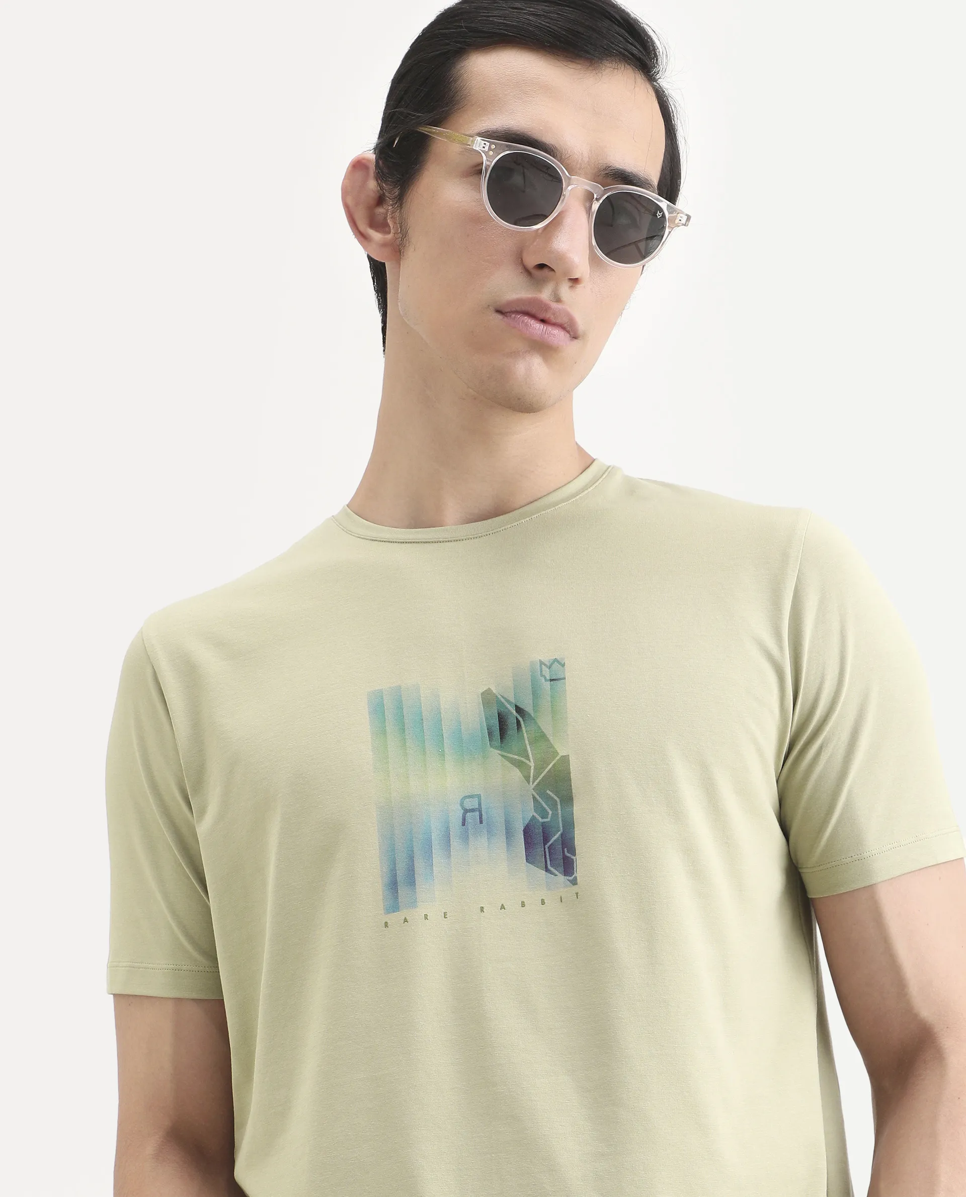 Rare Rabbit Men's Ront Light Green Cotton Blend Fabric Half Sleeve Crew Neck Regular Fit Graphic Print T-Shirt