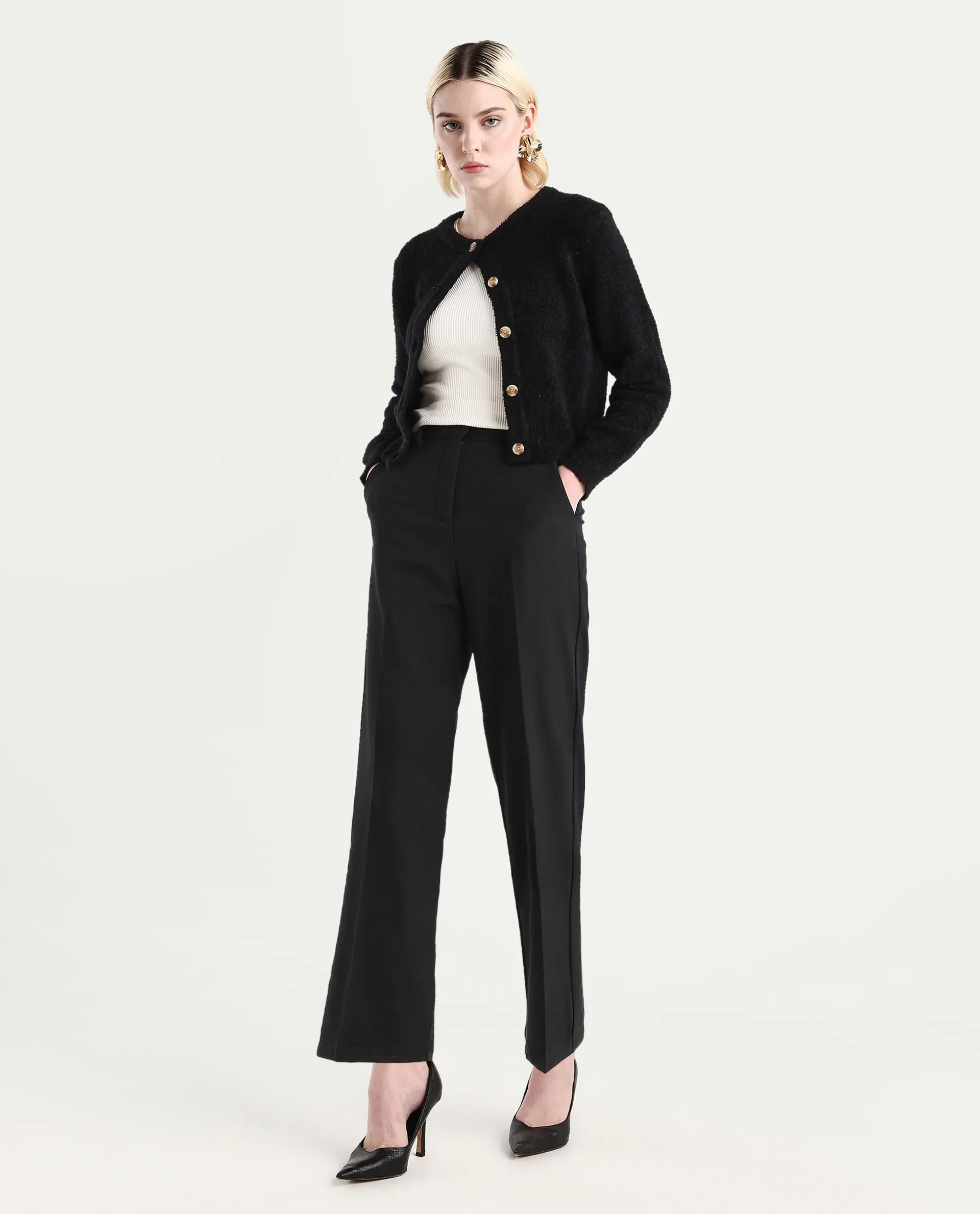Rareism Women's Ronwip Black Polyester Blend Plain Ankle Length Straight Fit Trouser