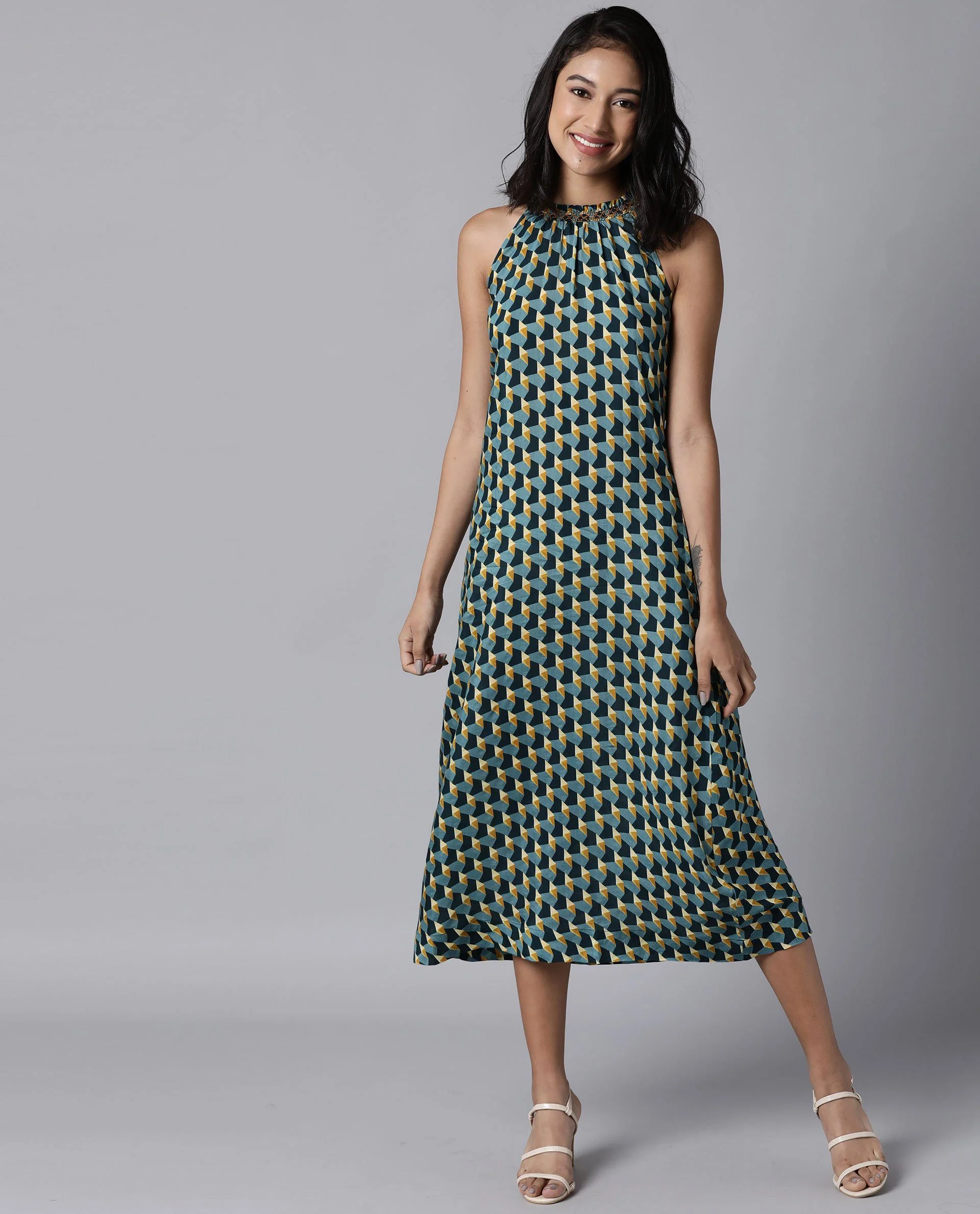 Rareism Women Rosa Mustard Dress Sleeveless Printed