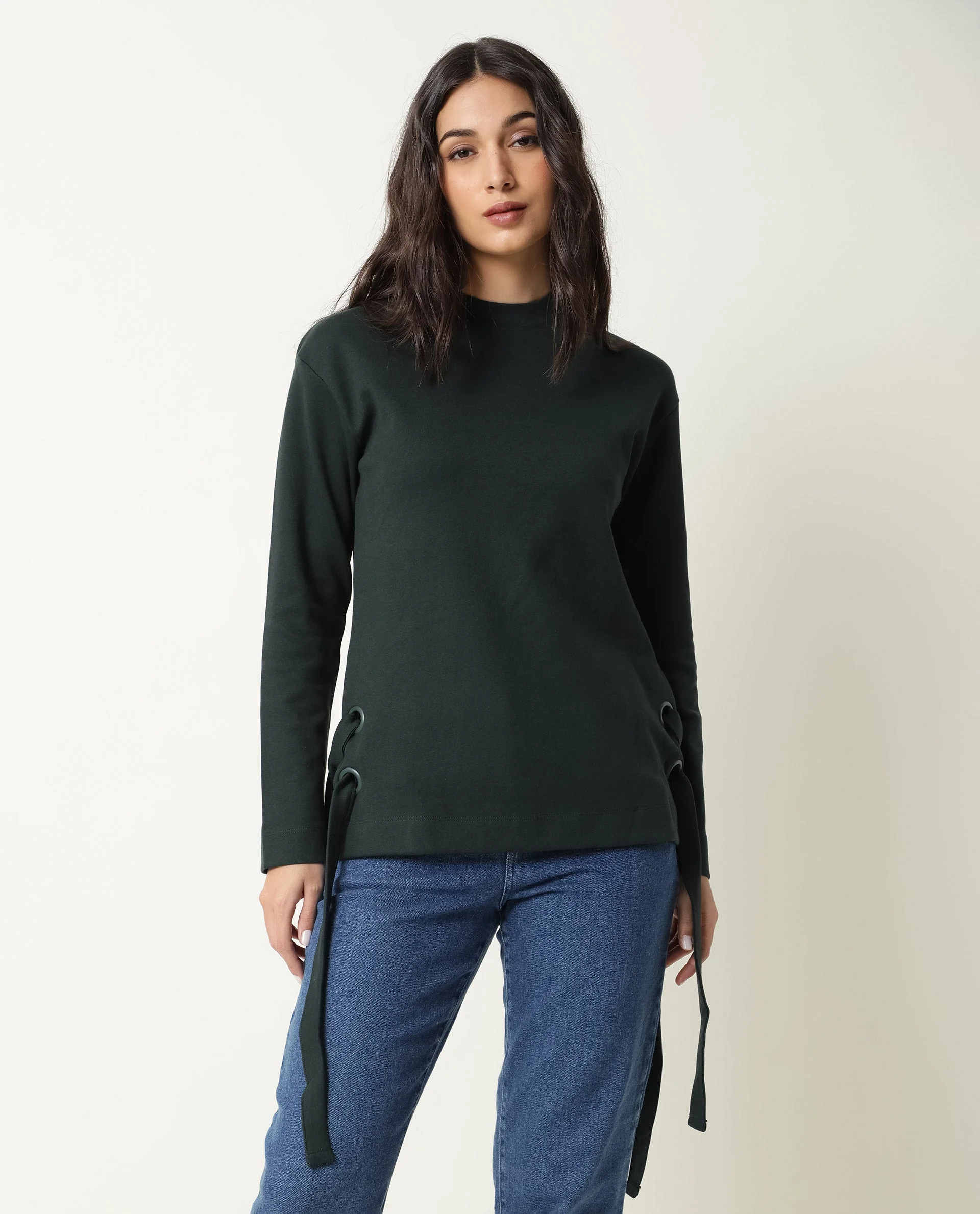 Rareism Women's Ross- Green Cotton Crew Neck Plain Regular Fit Top