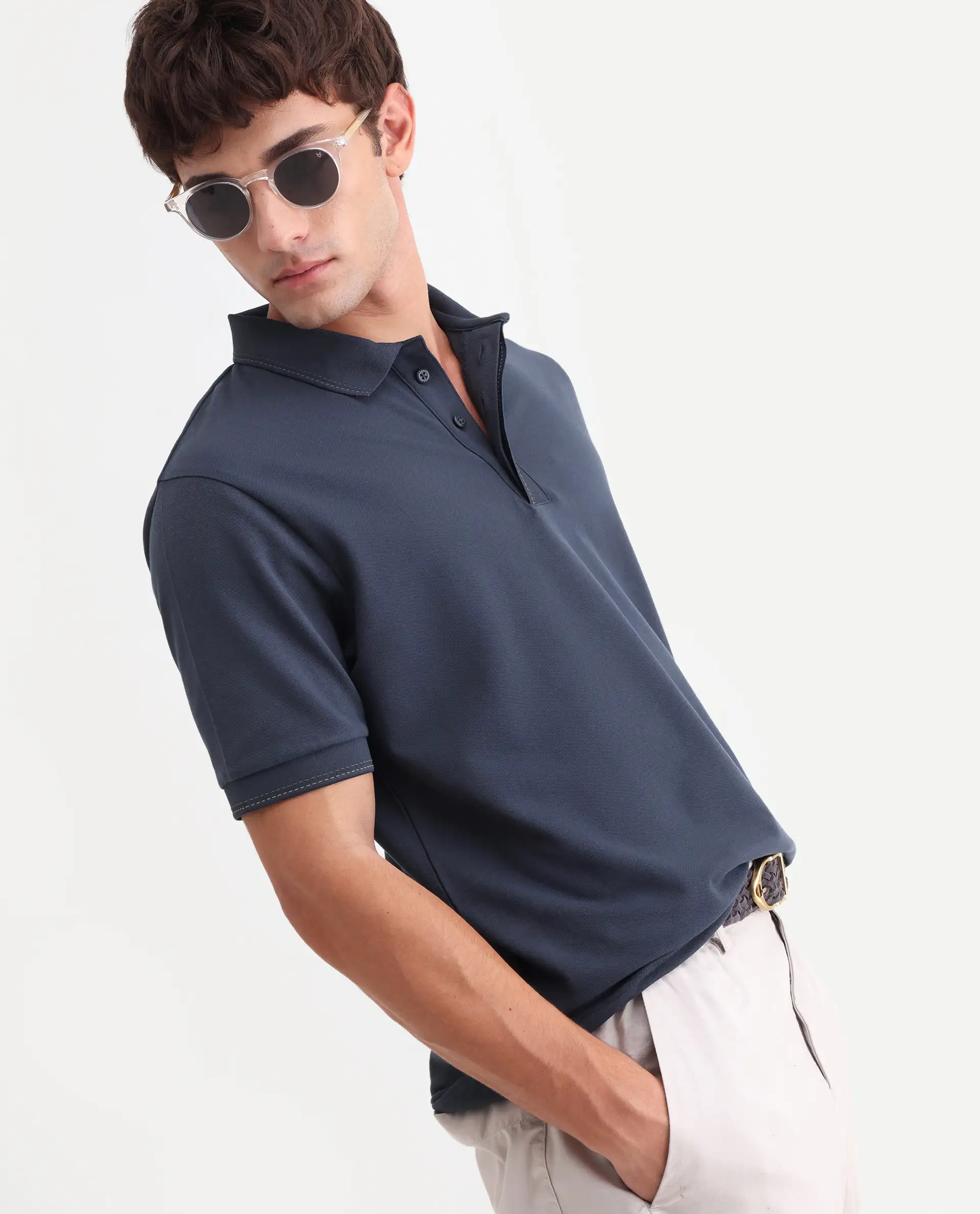 Rare Rabbit Men's Rowl-S26 Navy Cotton Blend Fabric Half Sleeve Spread Collar Regular Fit Plain Polo