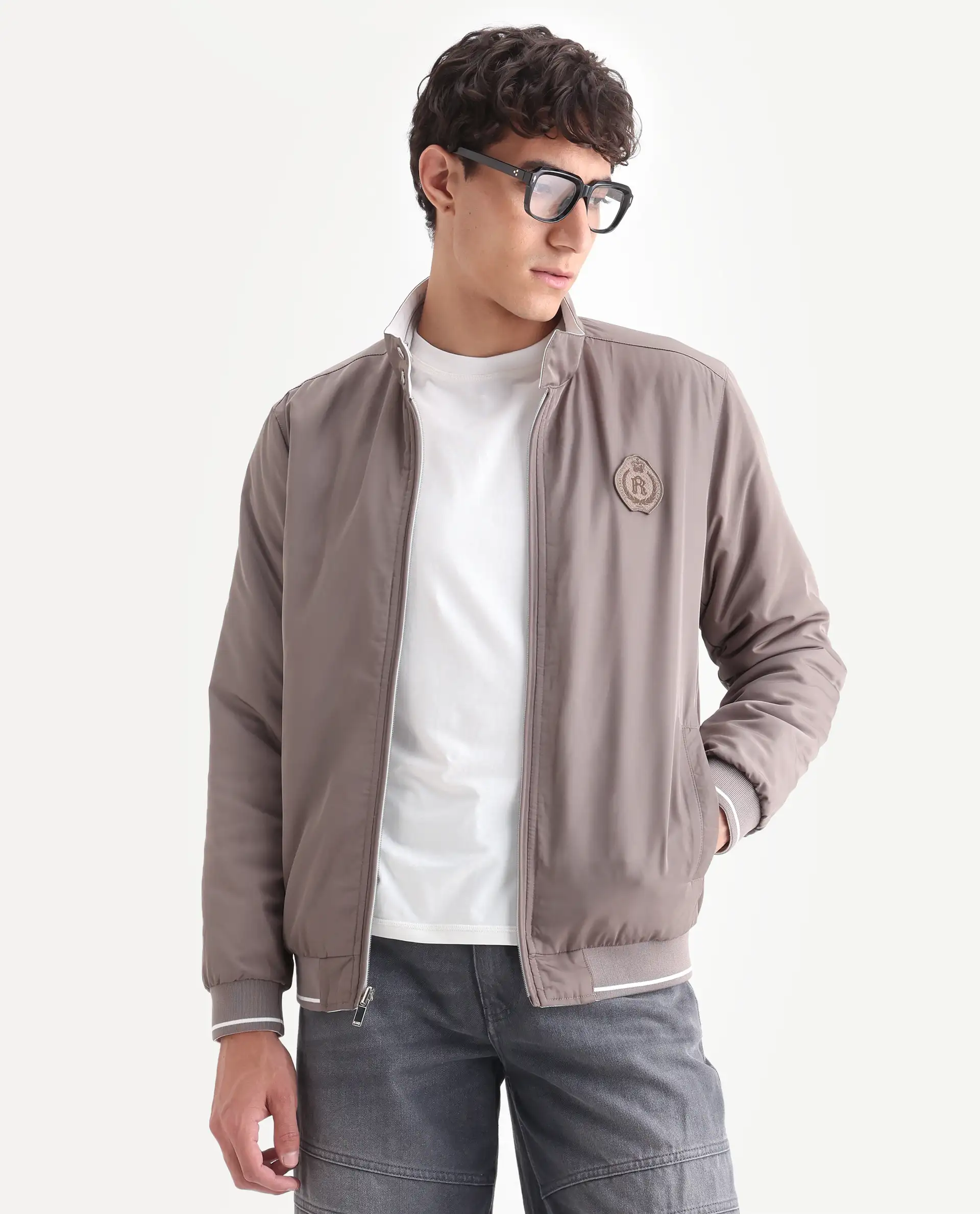 Rare Rabbit Men's Royban-25 Off White Polyester Plain Regular Fit Full Sleeve High Neck Jacket