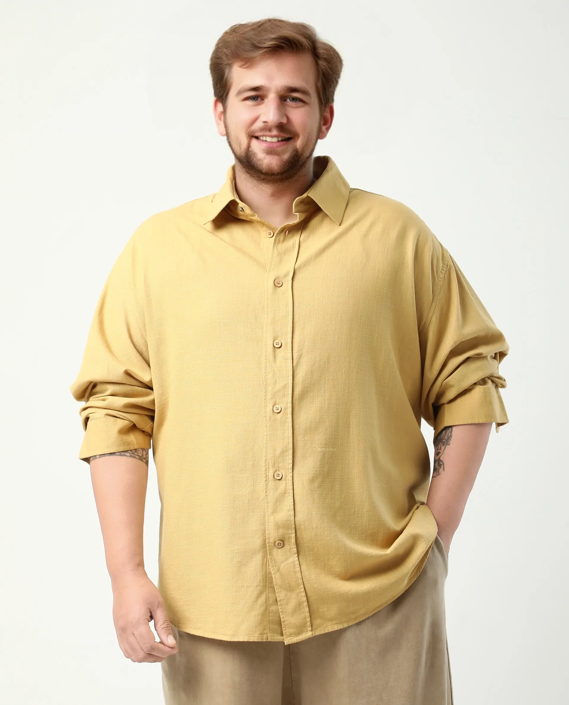 Rare Rabbit Men's Royo Big Mustard Cotton Blend Fabric Full Sleeve Spread Collar Button Closure Regular Fit Textured Shirt