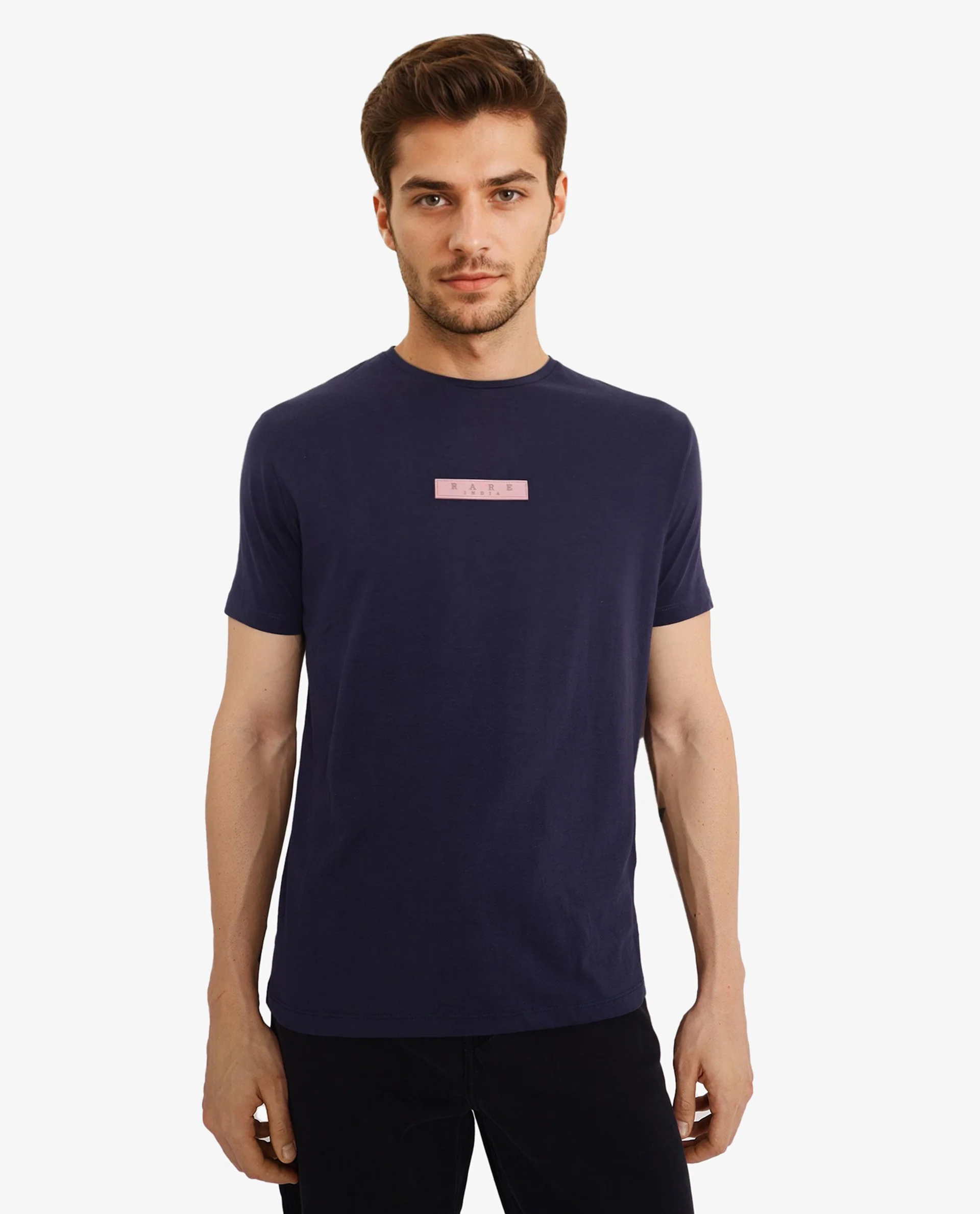 Rare Rabbit Men's Rubber Navy Cotton Plain Slim Fit Half Sleeve Crew Neck T-Shirt