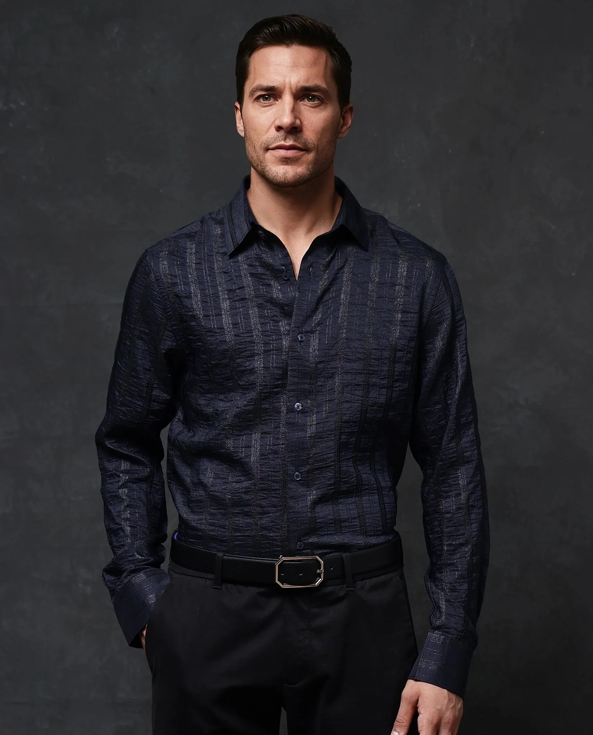 Rare Rabbit Men's Runek-2 Dark Navy Cotton Striped Print Regular Fit Full Sleeve Collared Shirt