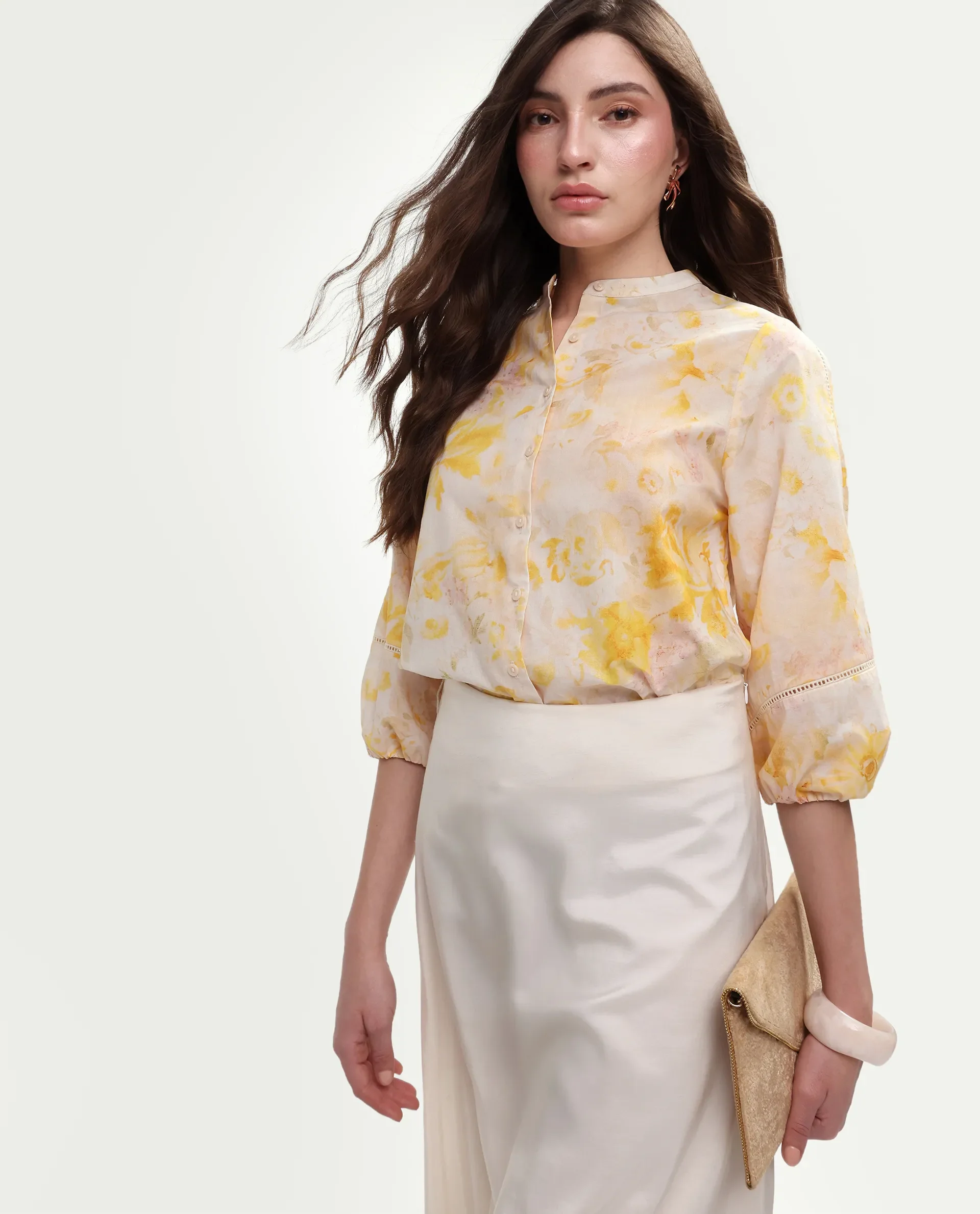 Rareism Women's Runes Yellow Cotton Band Collar Regular Floral Print Top