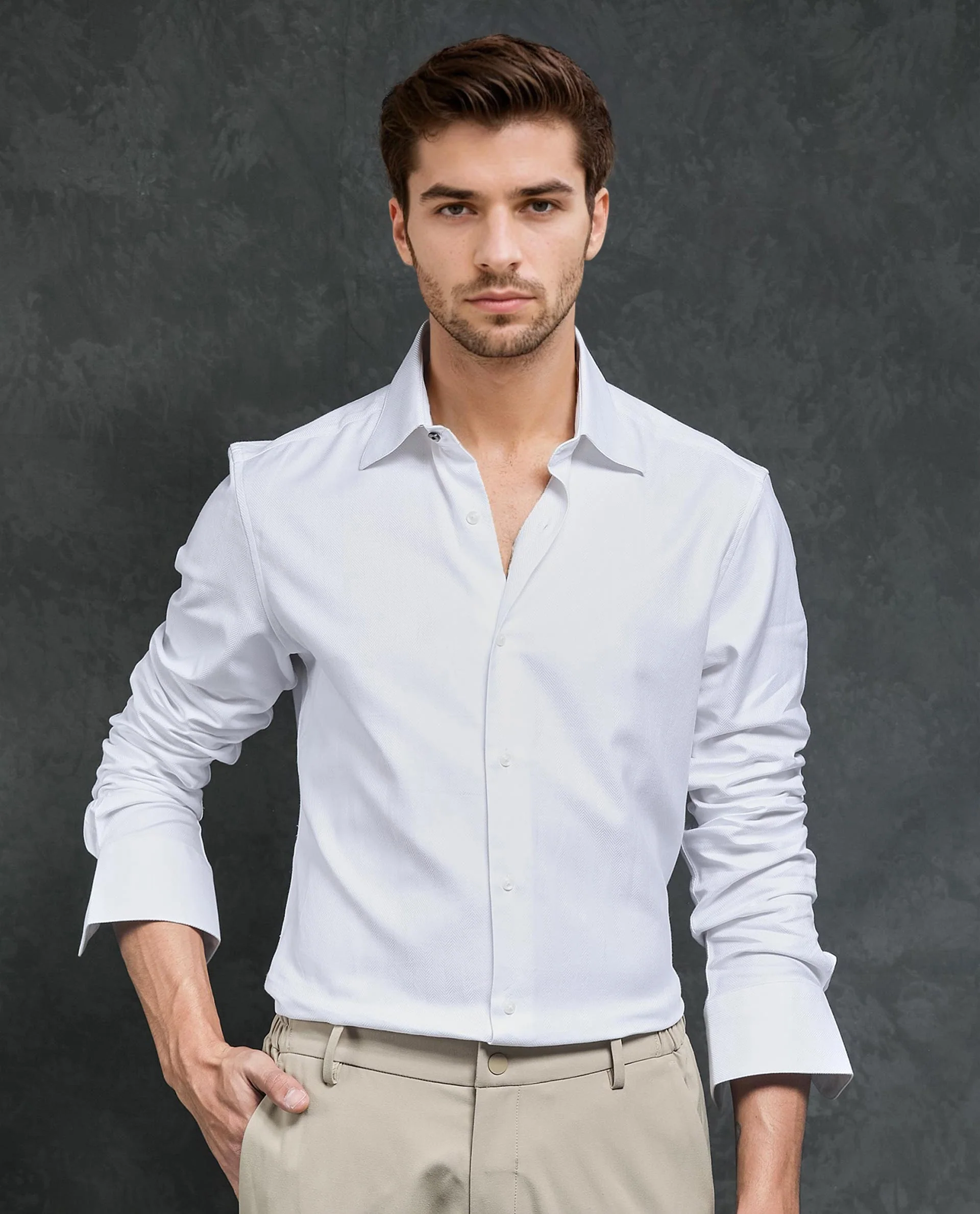 Rare Rabbit Men's Ruther White Cotton Plain Regular Fit Full Sleeve Collared Shirt