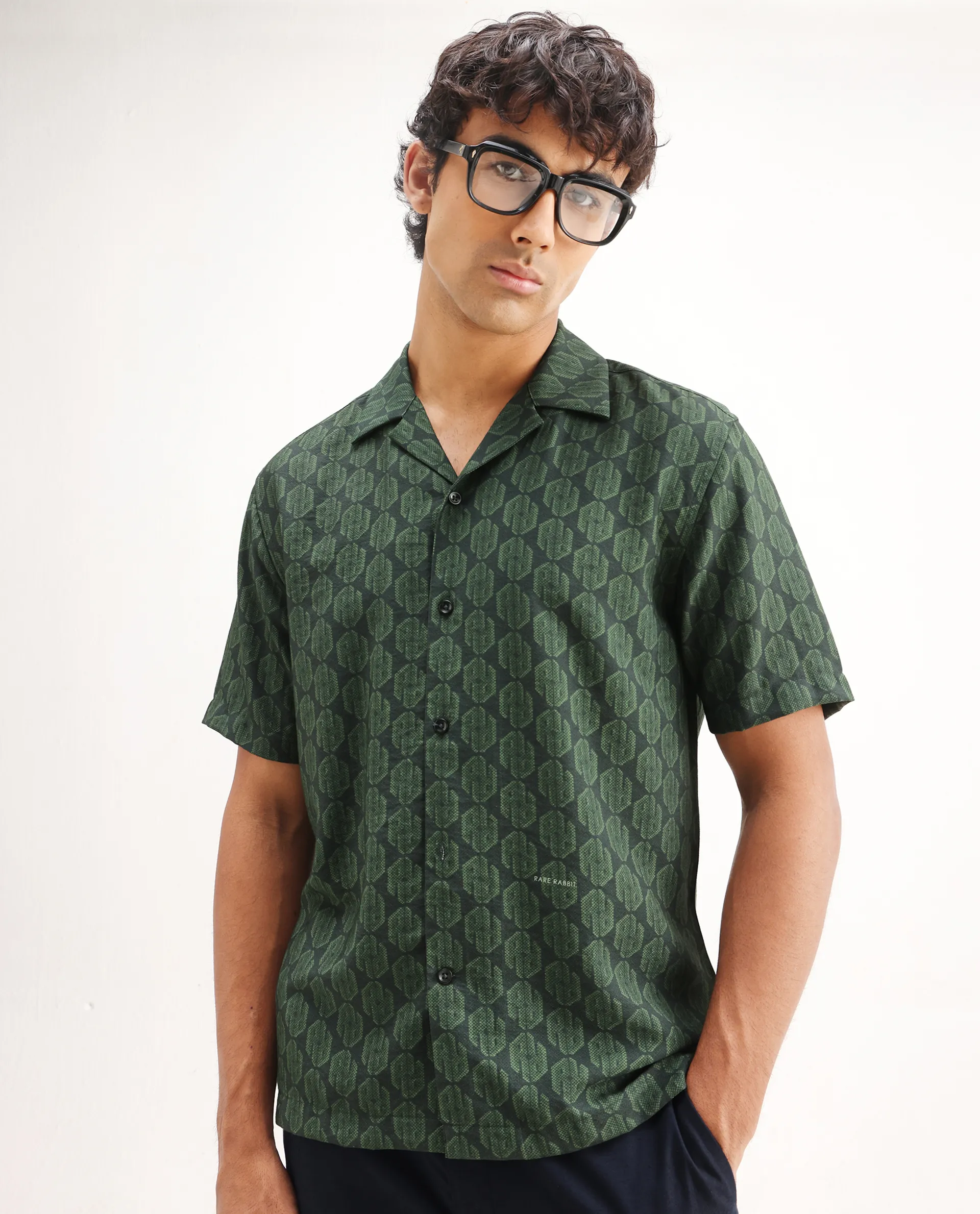 Rare Rabbit Men's Rynox Green Viscose Blend Monogram Print Relaxed Fit Half Sleeve Cuban Collar Shirt