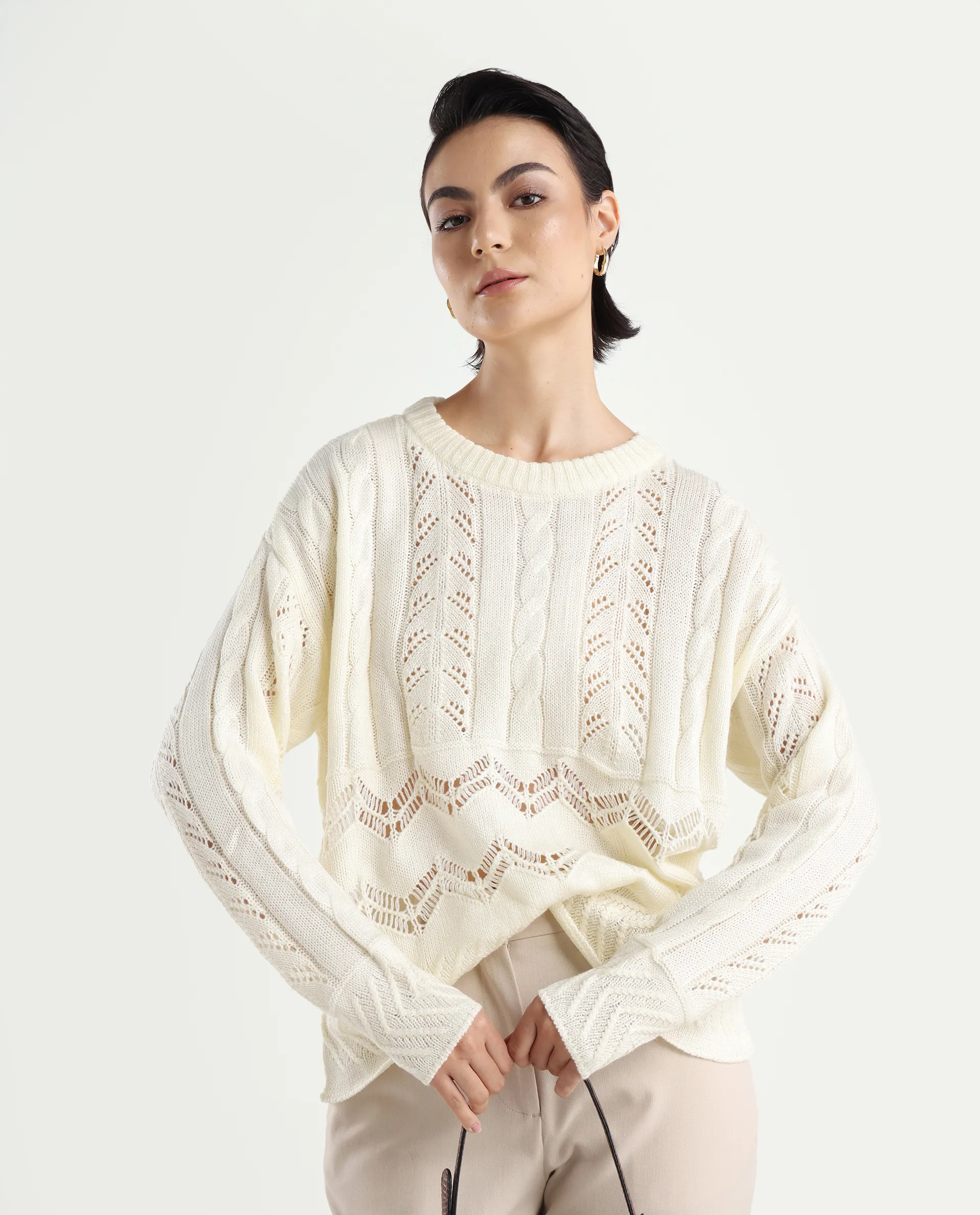 Rareism Women's Saben Beige Acrylic Ribbed Collar Plain Boxy Fit Sweater