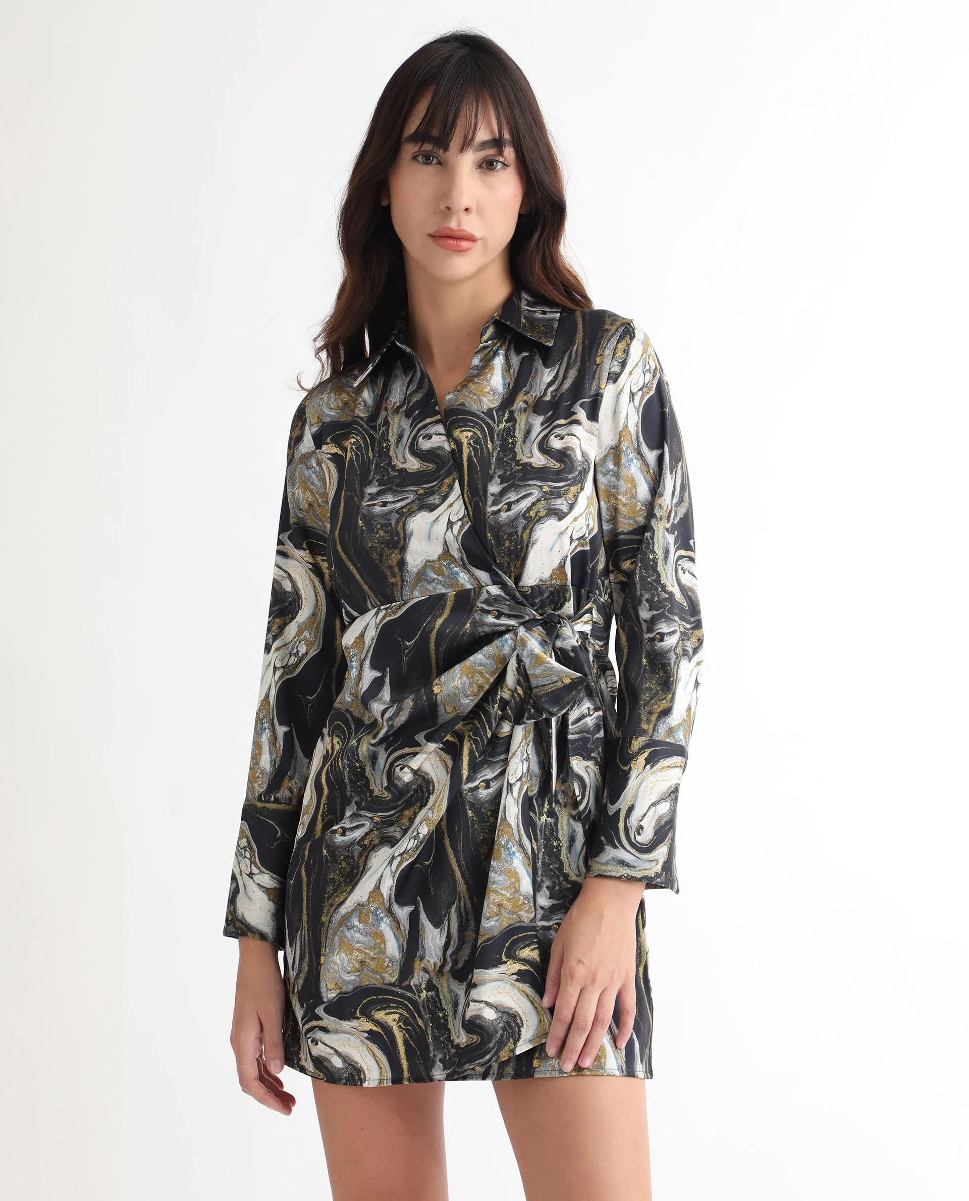 Rareism Women's Sager Black Polyester Spread Collar Abstract Print Mini Regular Fit Dress