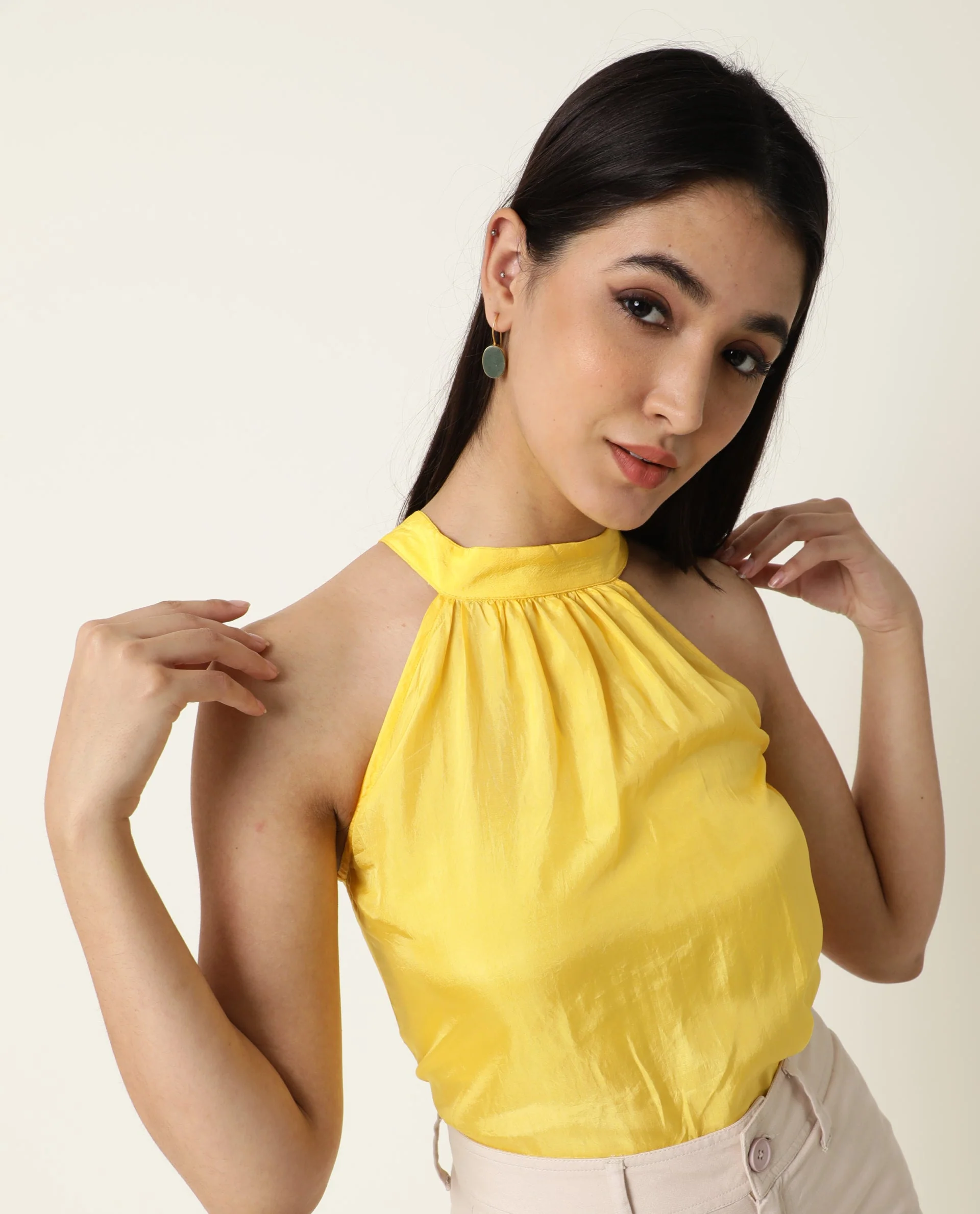 Rareism Women's Sahano Yellow Polyester Blend Halter Neck Plain Sleeveless Slim Fit Top