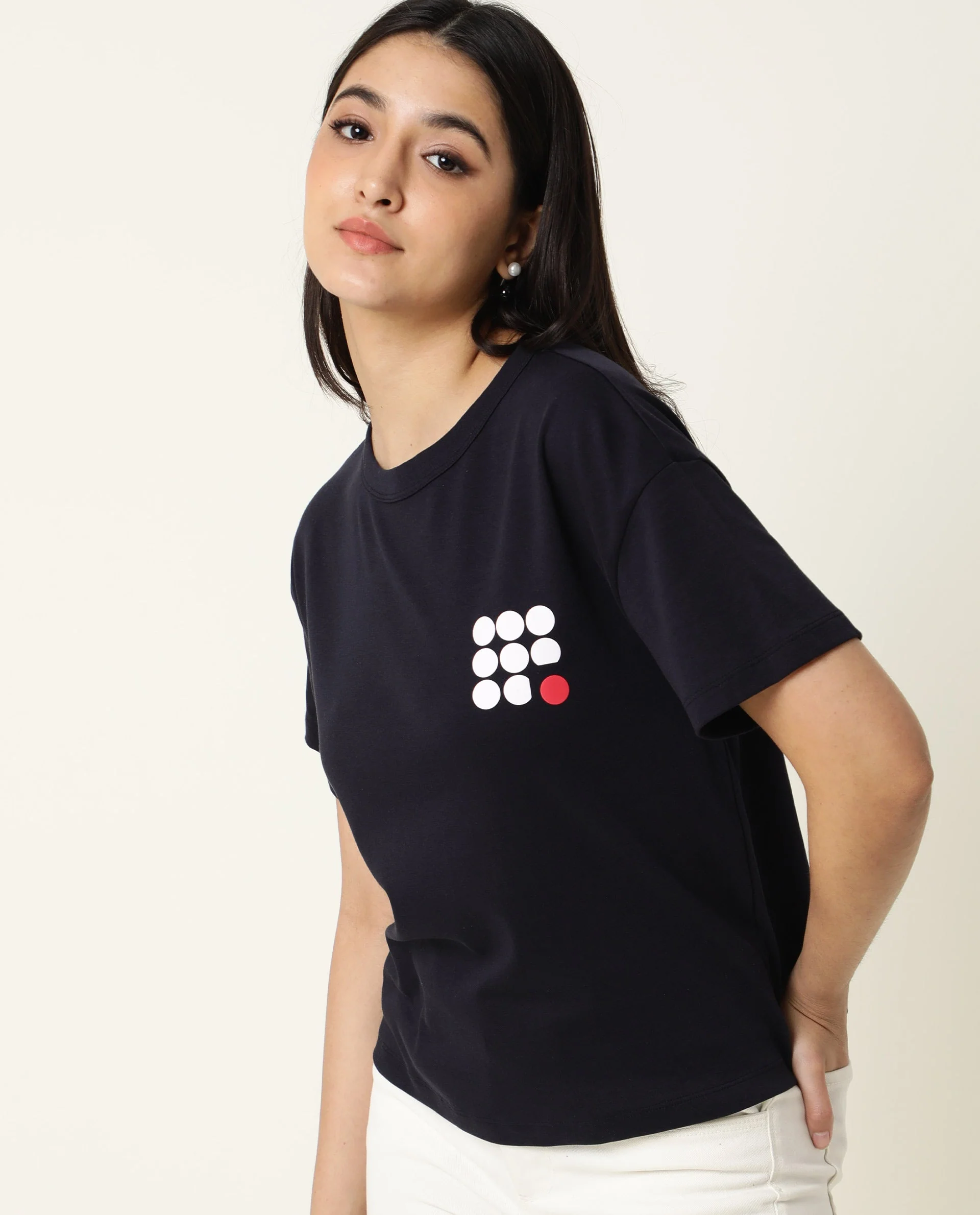 Rareism Women's Sake Navy Cotton Crew Neck Color Block Regular Fit T-Shirt