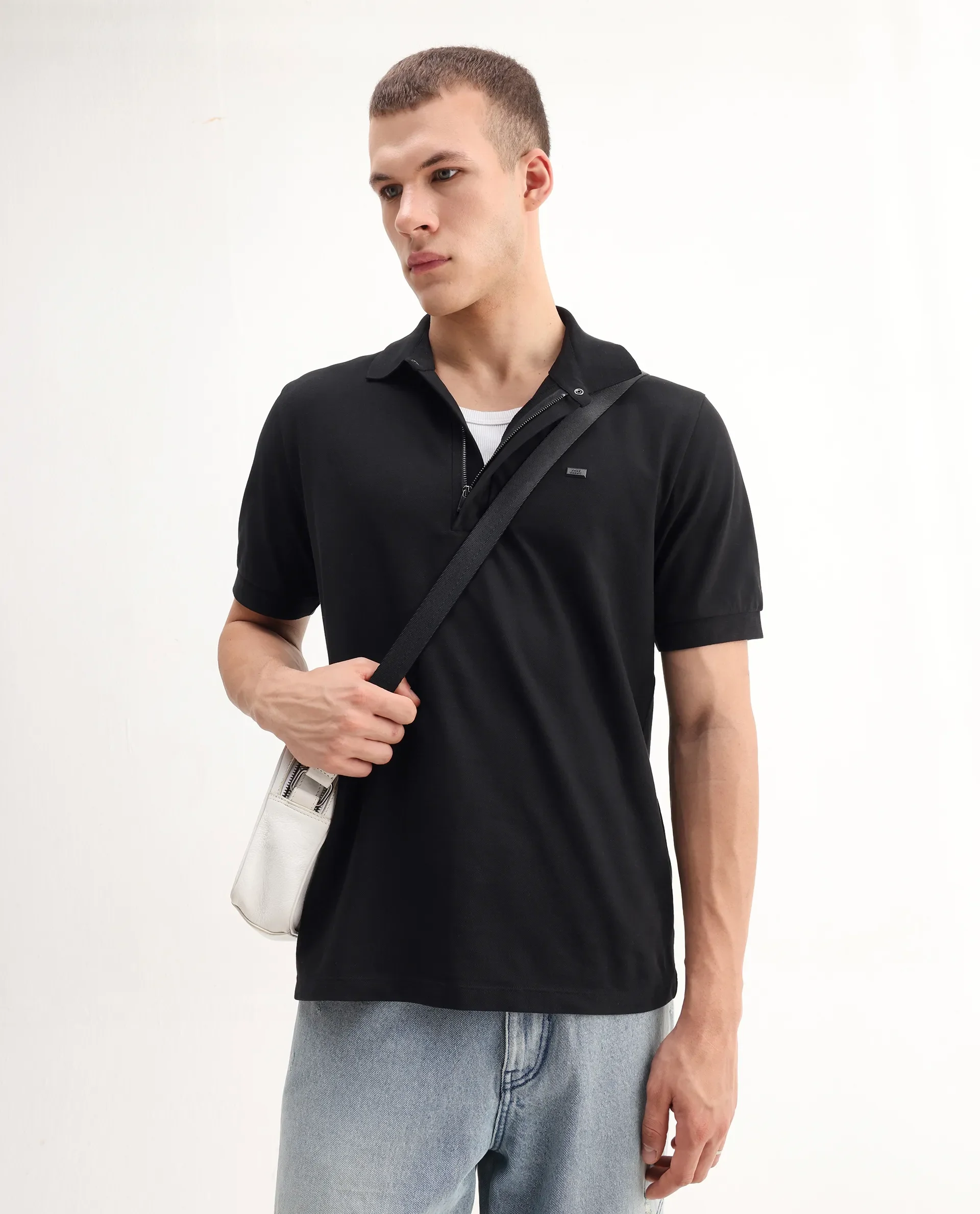 Rare Rabbit Men's Salis-A25 Black Cotton Blend Plain Regular Fit Half Sleeve Polo