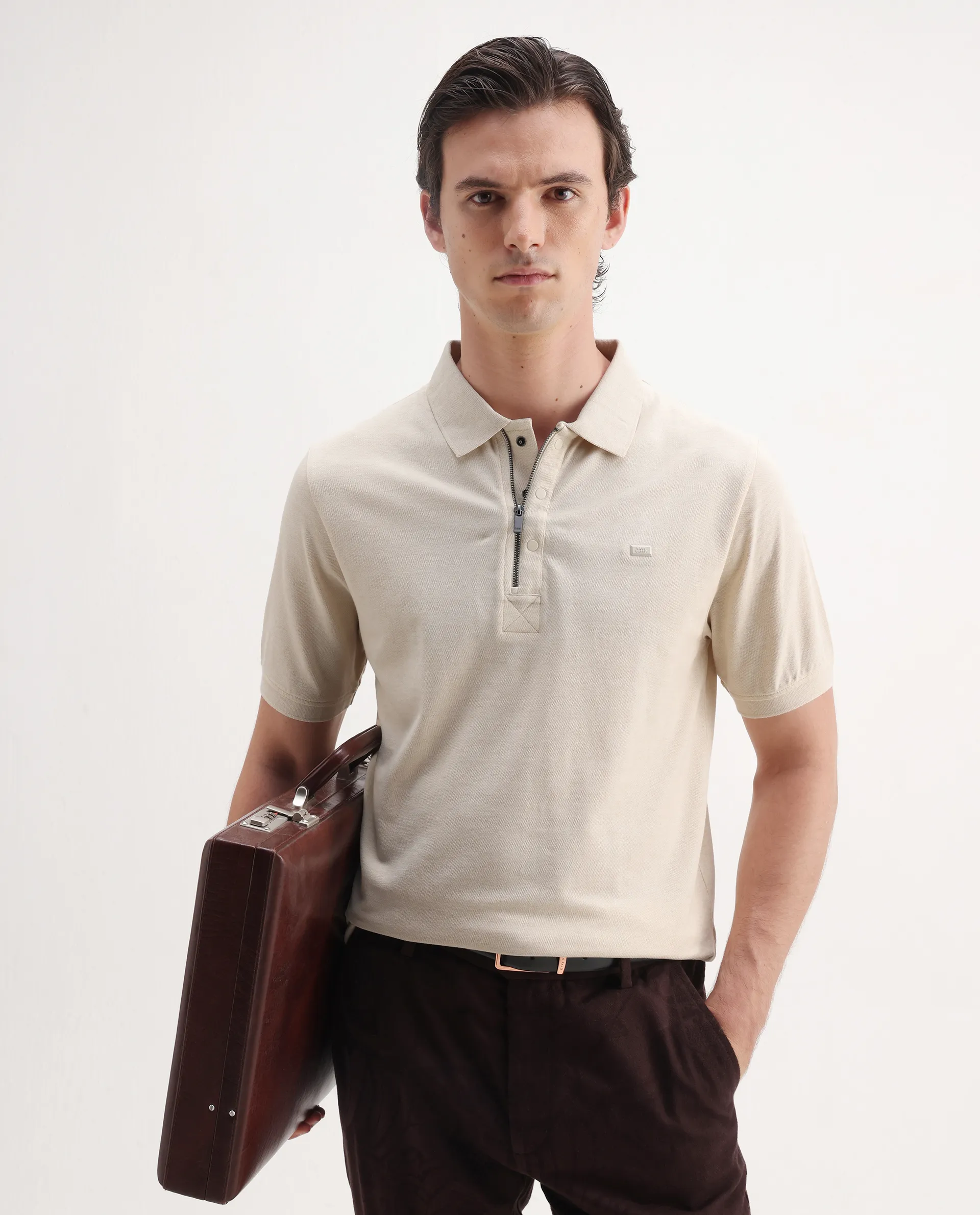 Rare Rabbit Men's Salis Mel Beige Cotton Blend Plain Regular Fit Half Sleeve Polo