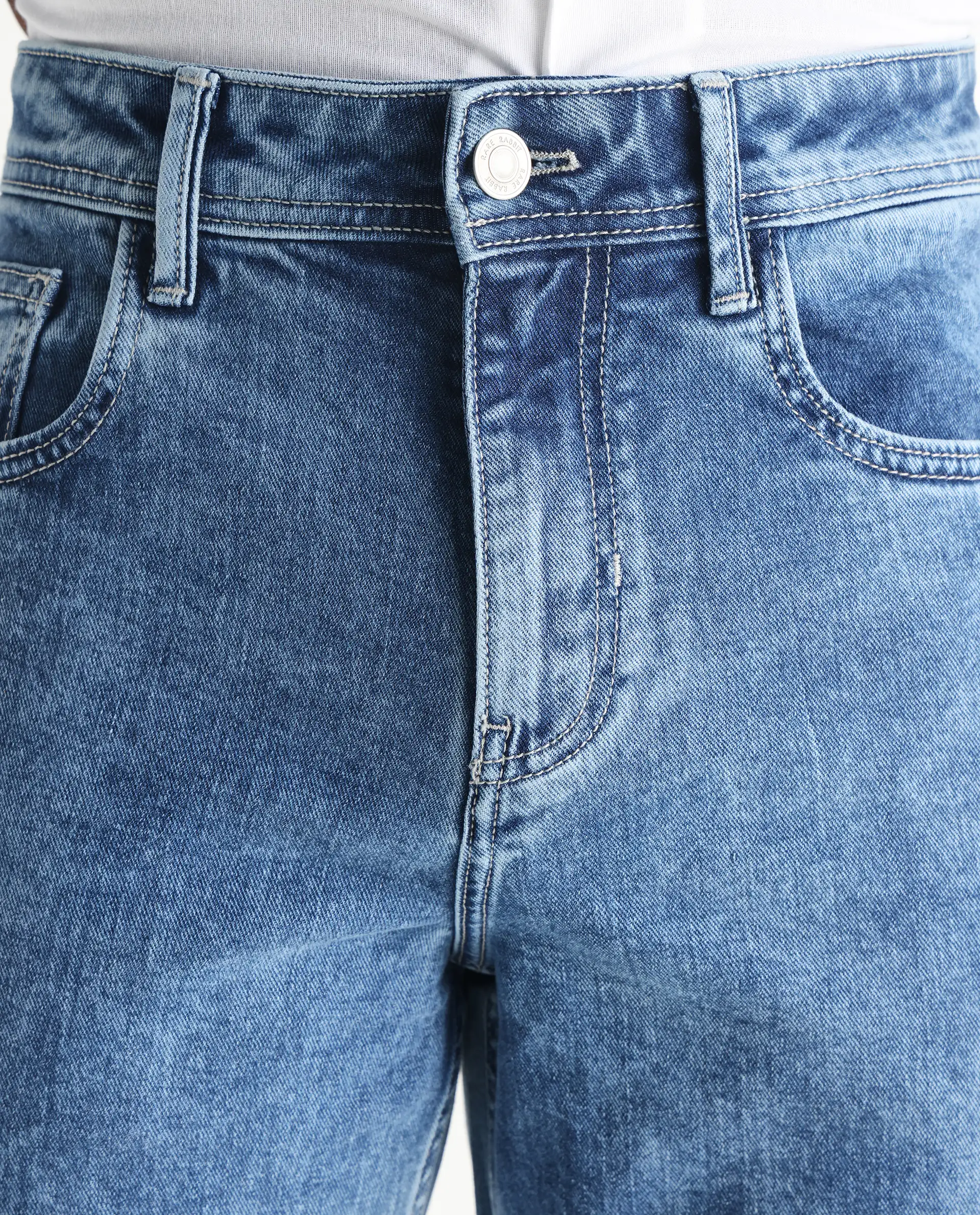 Rare Rabbit Men's Sam Light Blue Cotton Plain Kurt Carrot Fit Jeans - Image 3