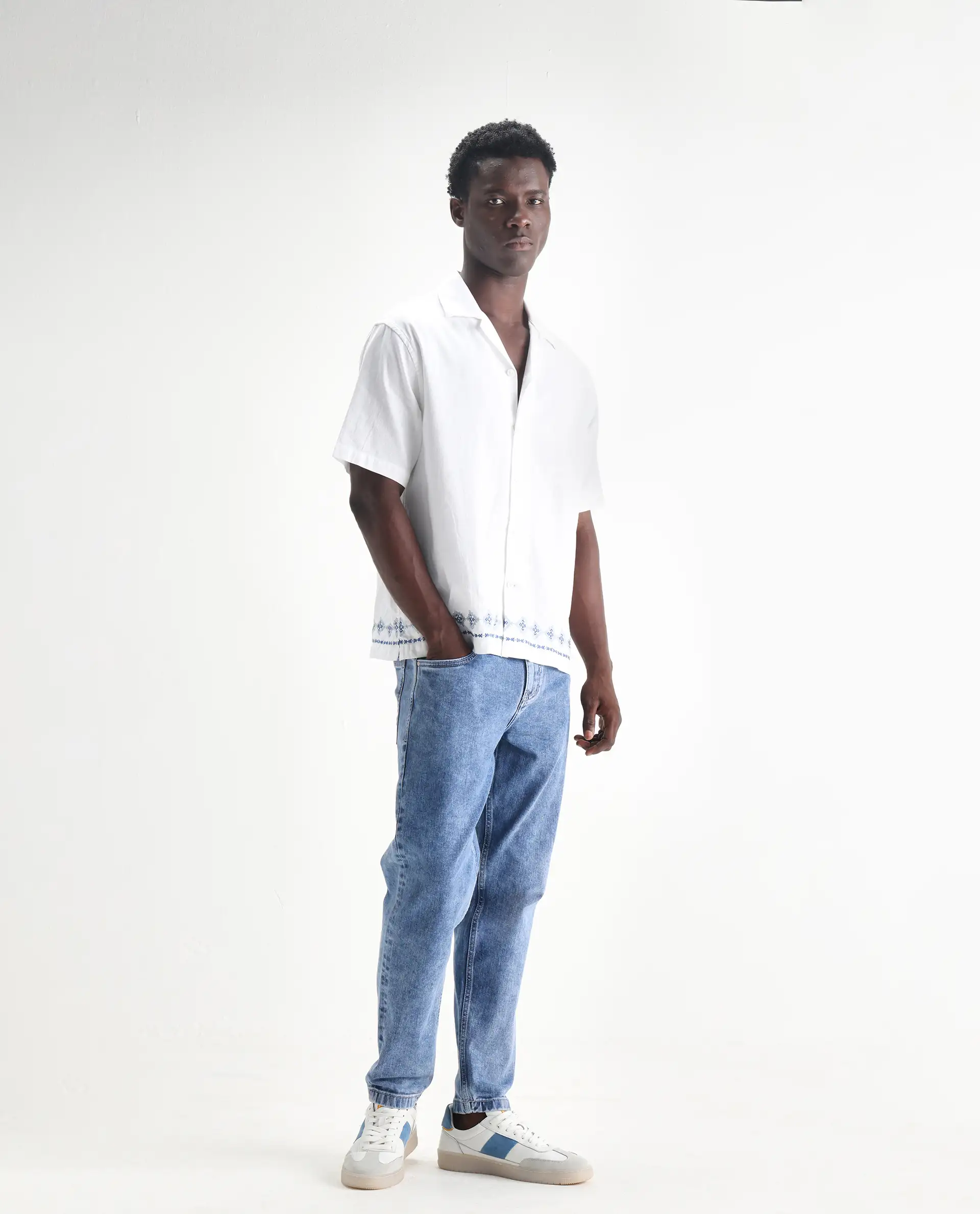 Rare Rabbit Men's Sam Light Blue Cotton Plain Kurt Carrot Fit Jeans - Image 5