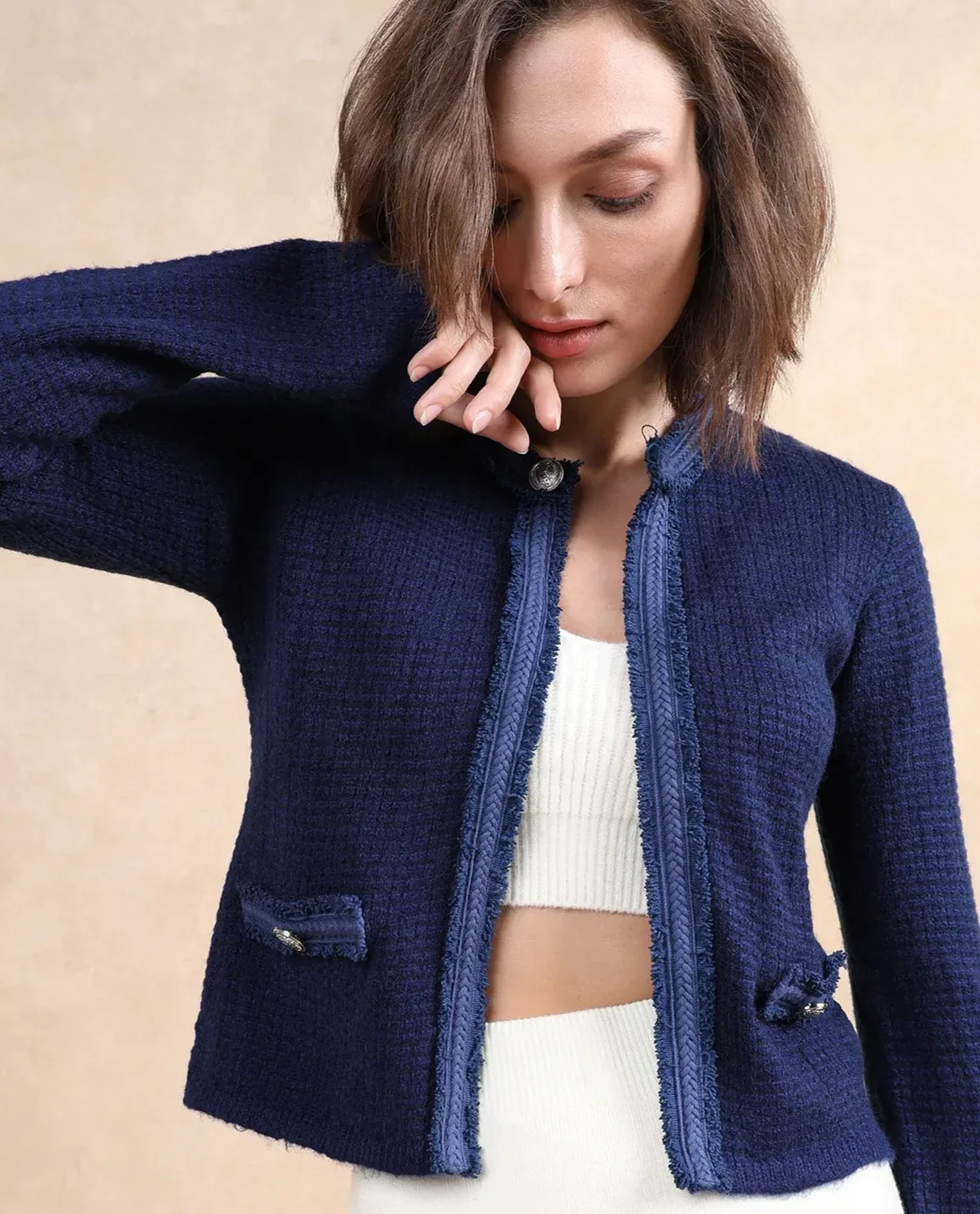 Rareism Women's Samsum Navy Crew Neck Plain Regular Fit Shrug