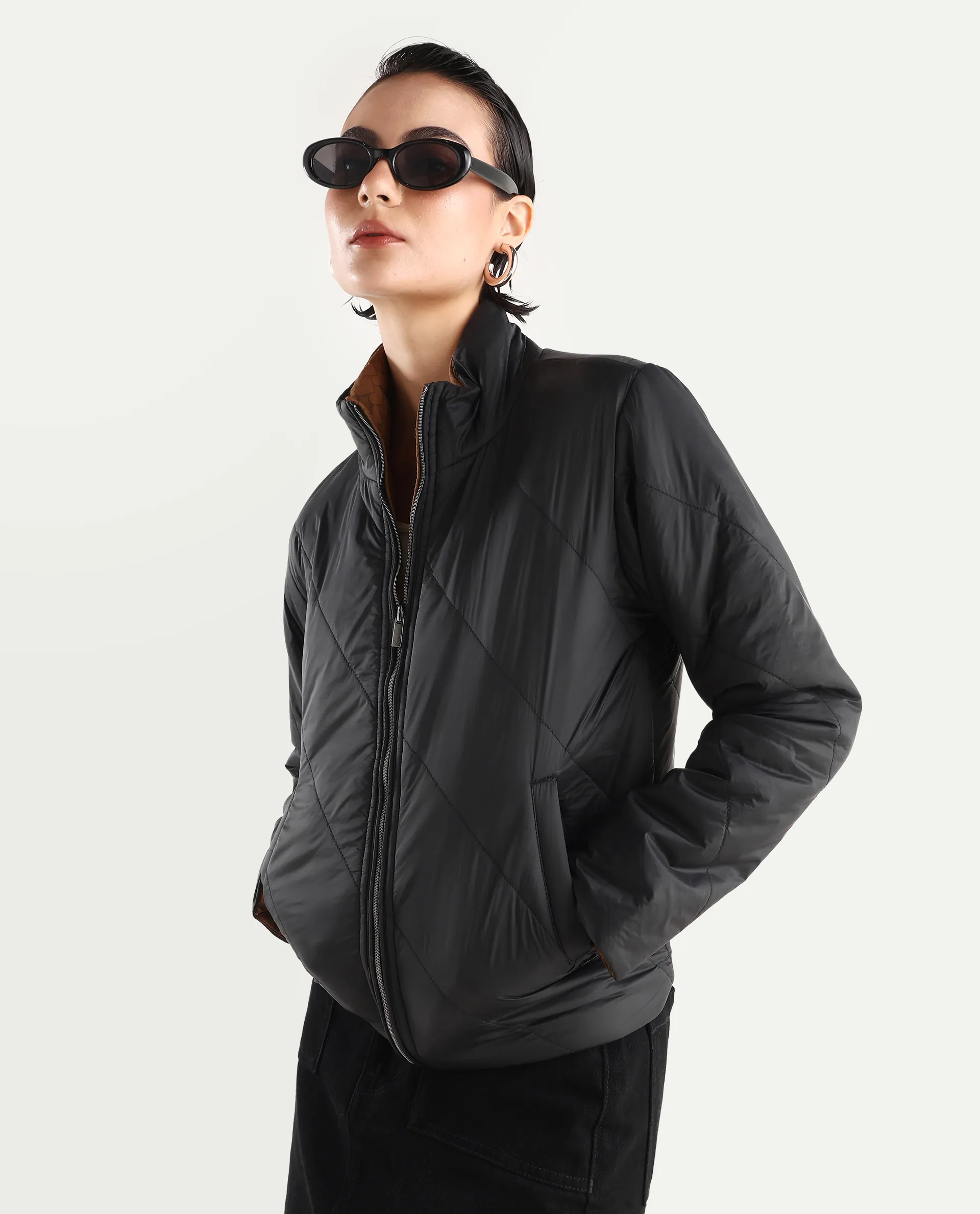 Rareism Women's Sapell Black Stand Collar Monogram Print Boxy Fit Jacket