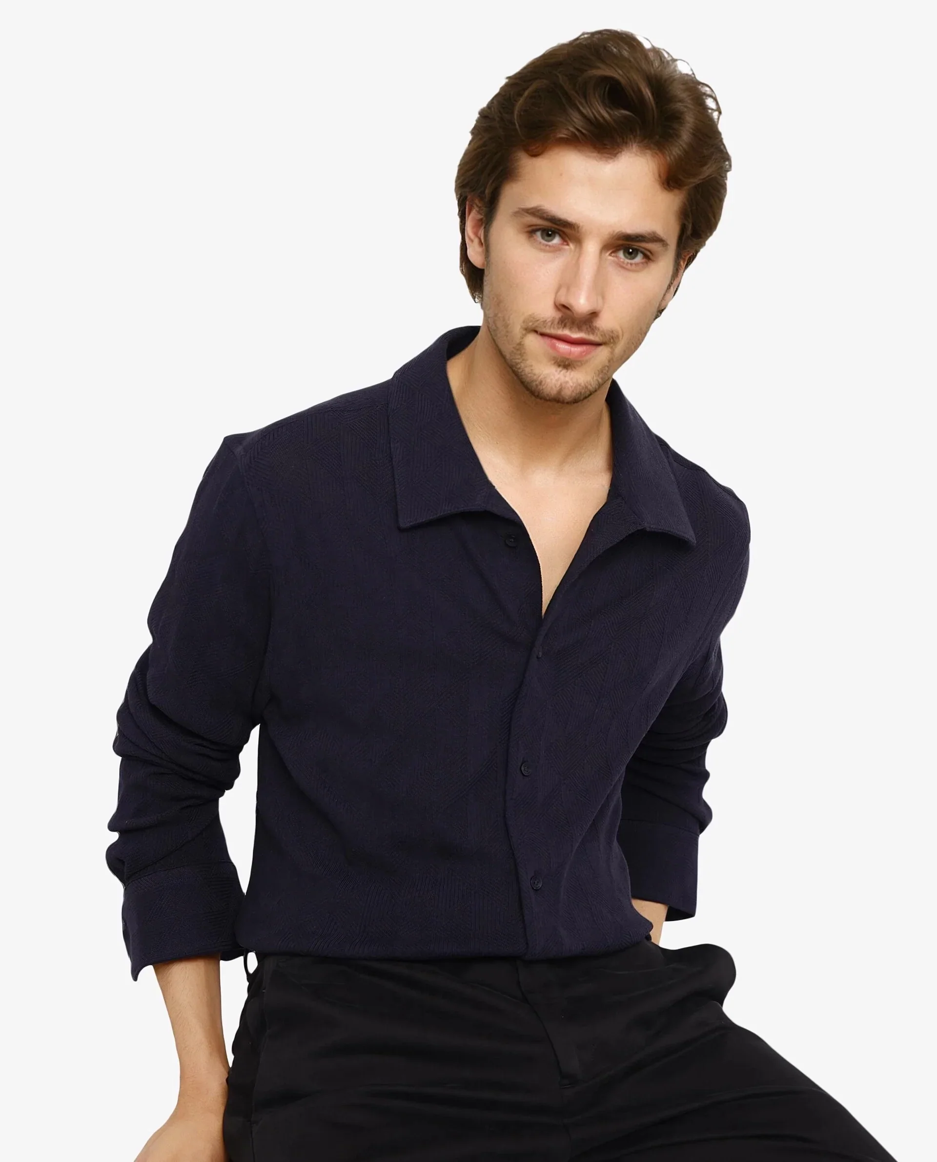 Rare Rabbit Men's Sation Navy Cotton Jacquard Regular Fit Full Sleeve Collared Shirt