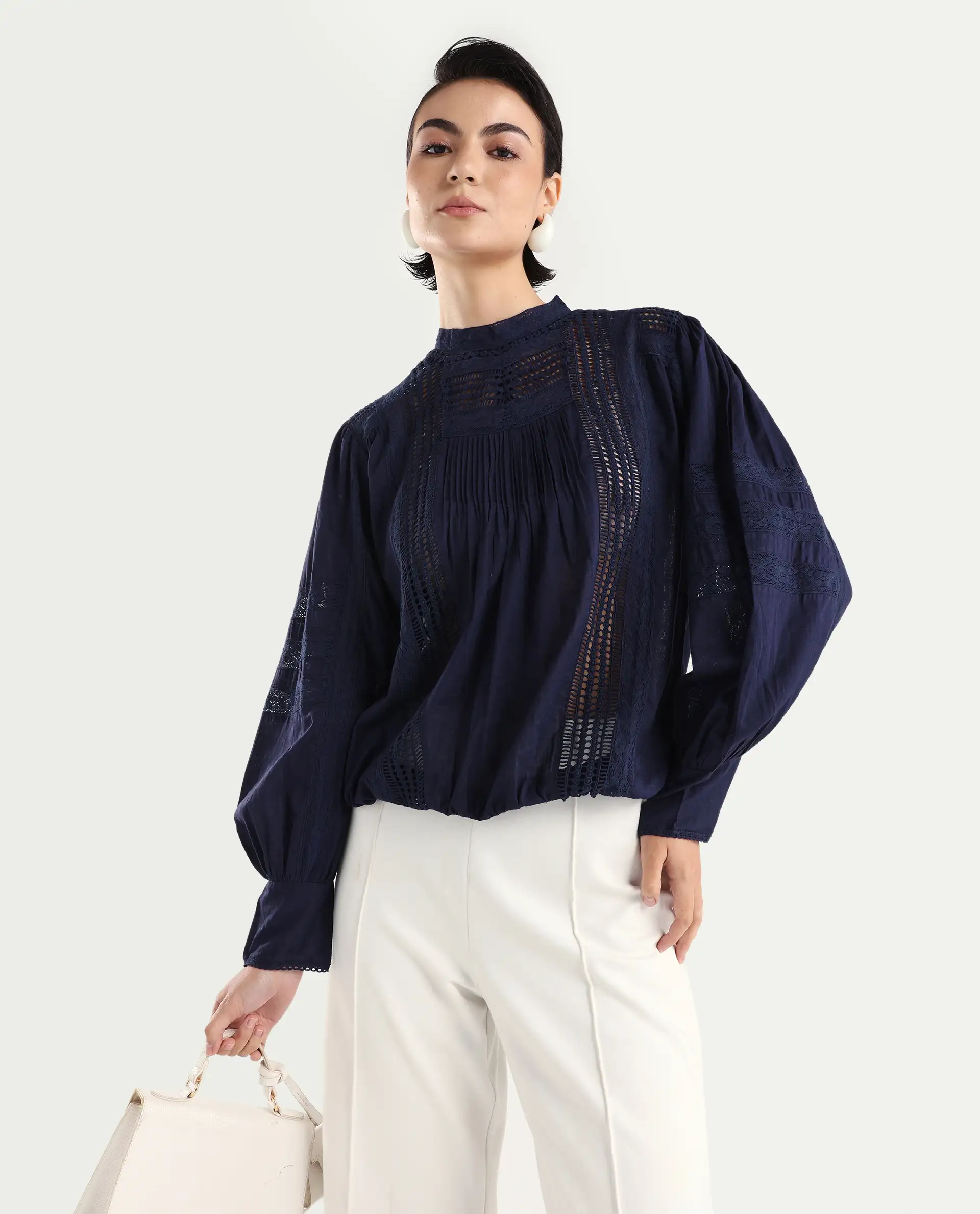 Rareism Women's Schwan Navy Cotton High Neck Plain Balloon Sleeve Regular Fit Top