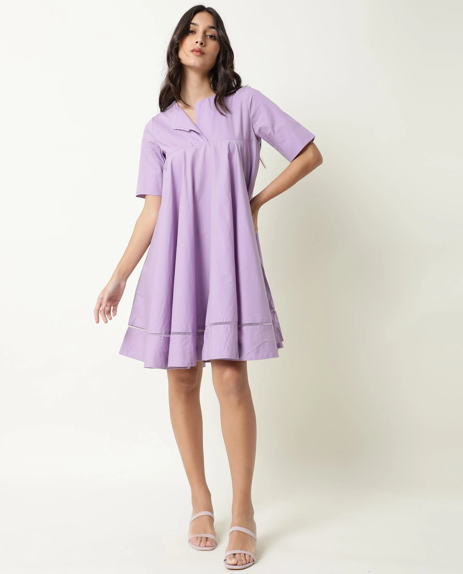 Rareism Women's Scream Purple Cotton Sweetheart Neck Plain Knee Length Flared Dress