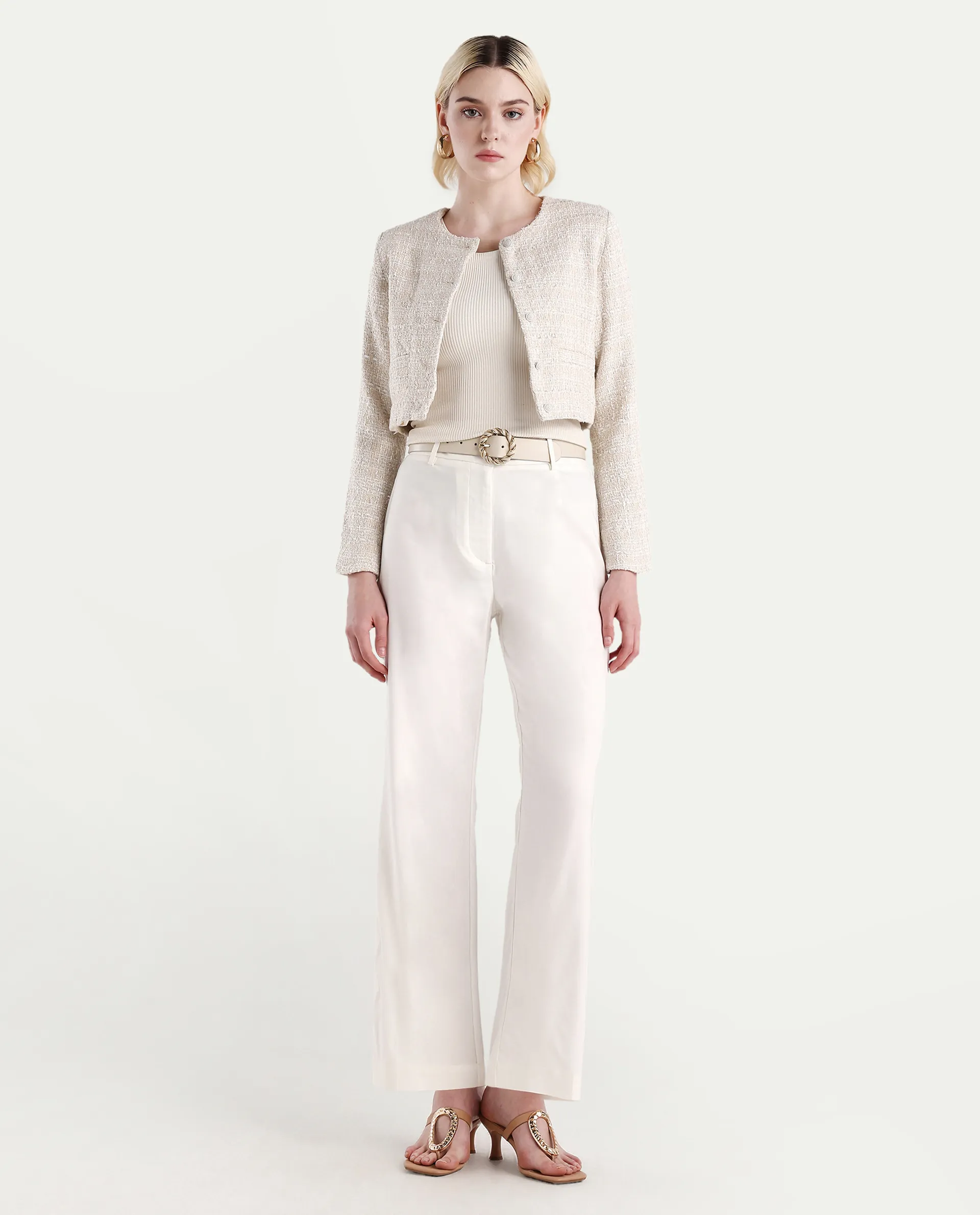 Rareism Women's Selene White Cotton Blend Plain Ankle Length Straight Fit Trouser