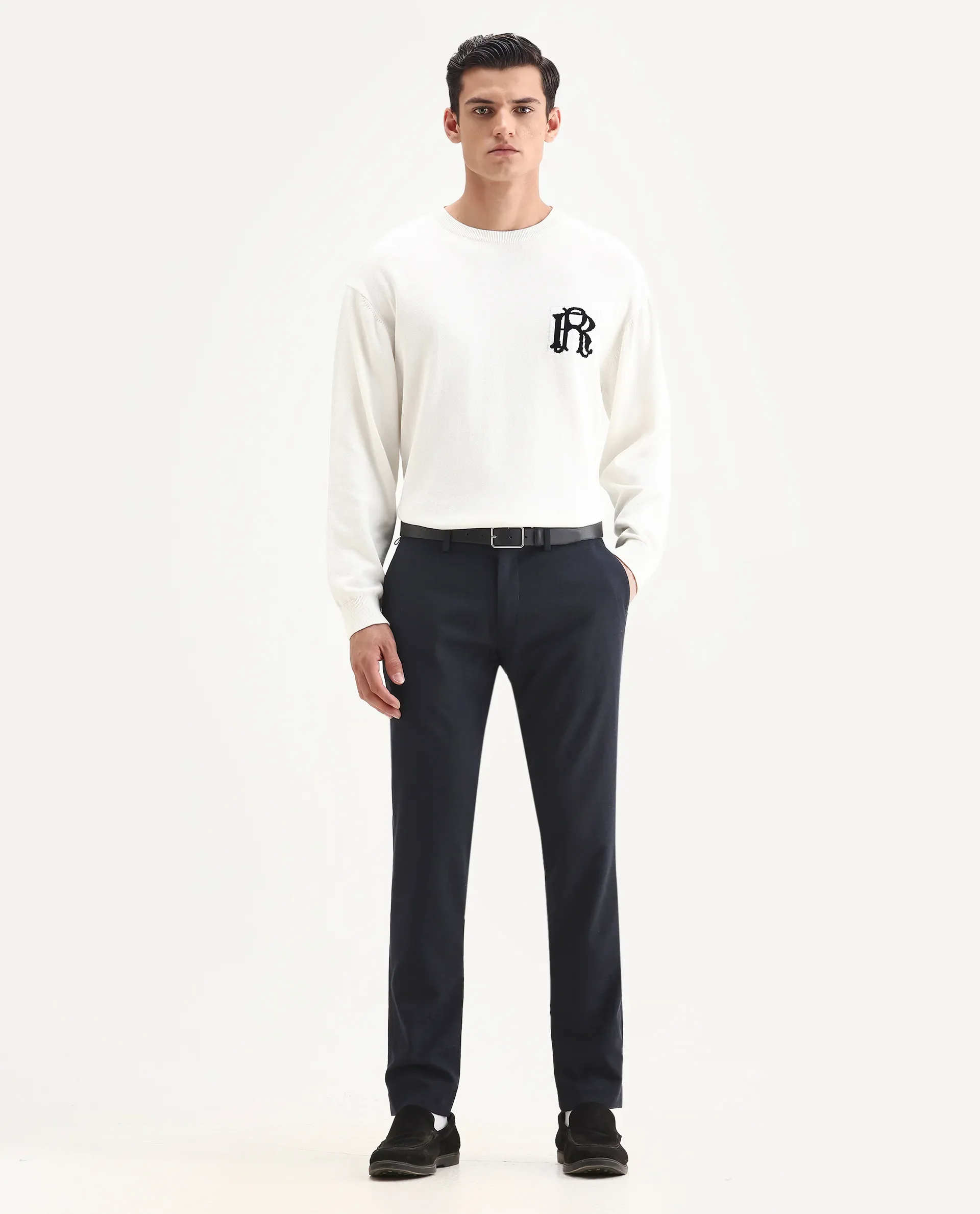 Rare Rabbit Men's Seth Navy Polyester Jacquard Regular Fit Trouser
