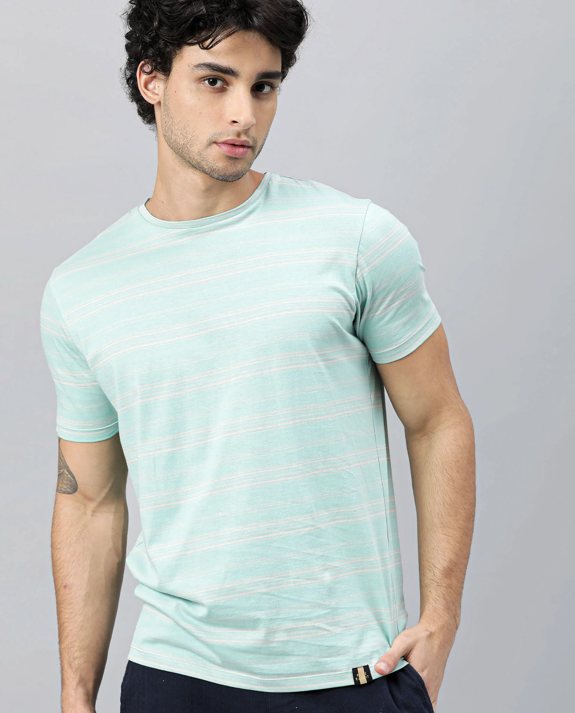 Rare Rabbit Men's Seus Turq Cotton Striped Print Slim Fit Half Sleeve Crew Neck T-Shirt
