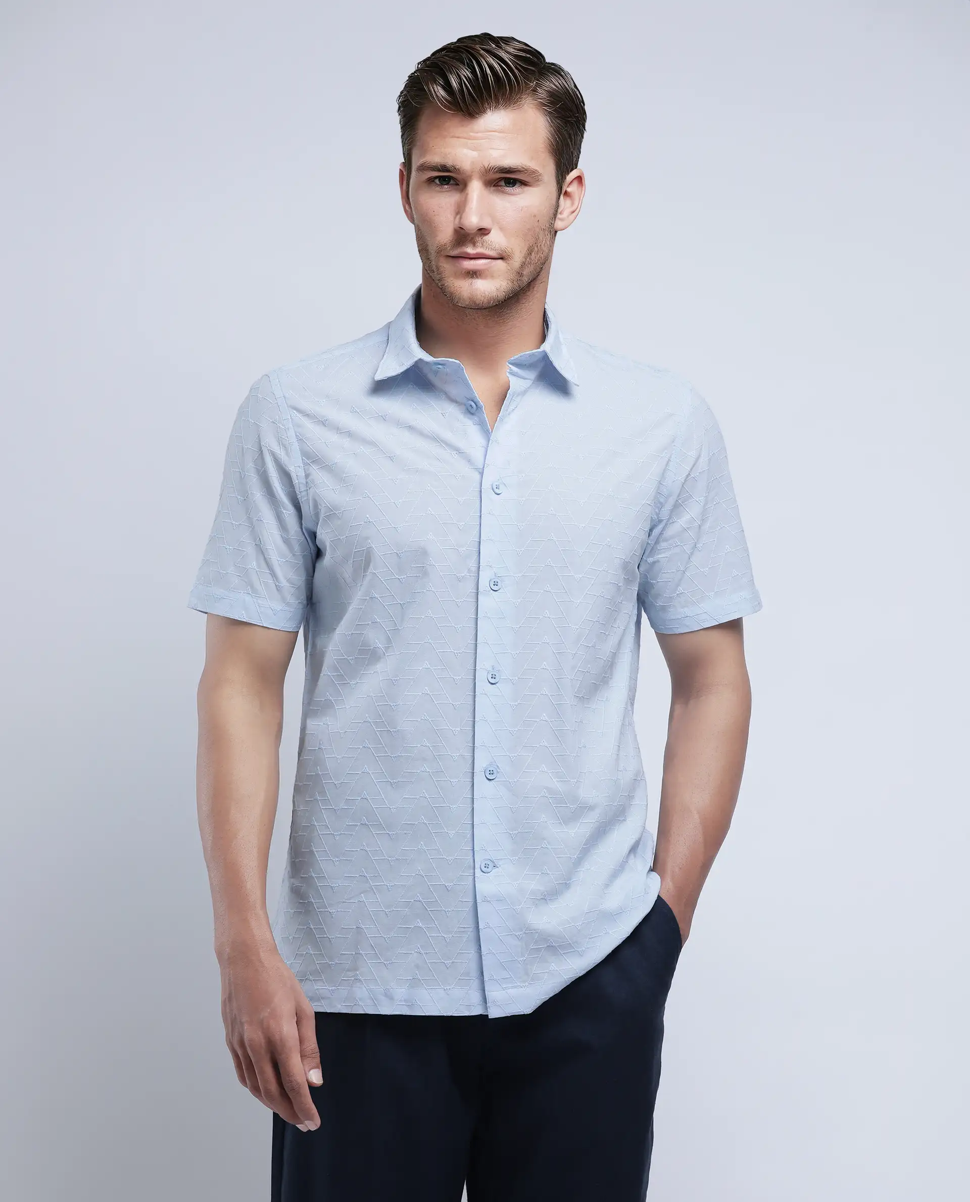 Rare Rabbit Men's Shek Blue Cotton Textured Regular Fit Half Sleeve Collared Shirt