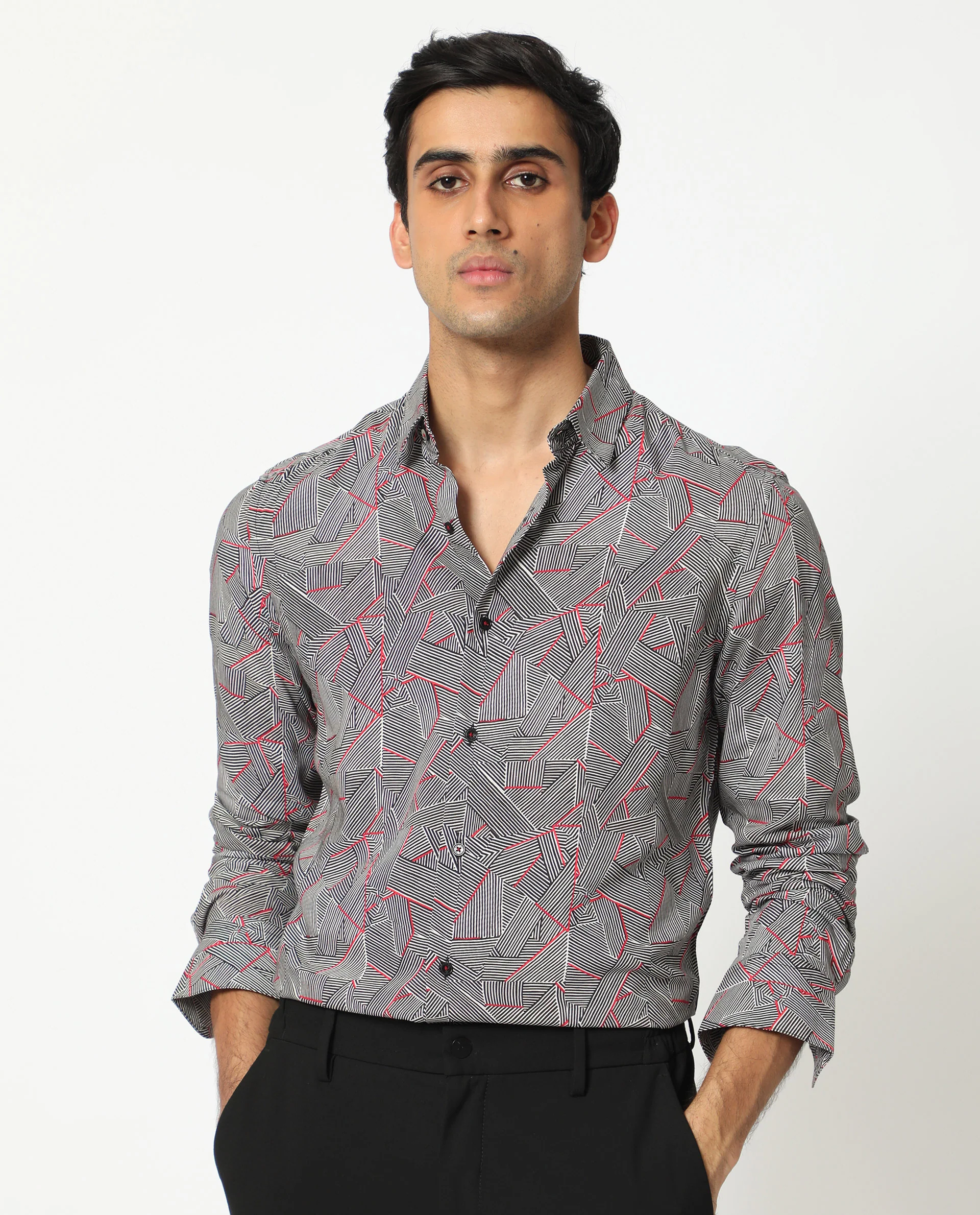 Rare Rabbit Men's Shell Black Viscose Geometric Print Regular Fit Full Sleeve Collared Shirt