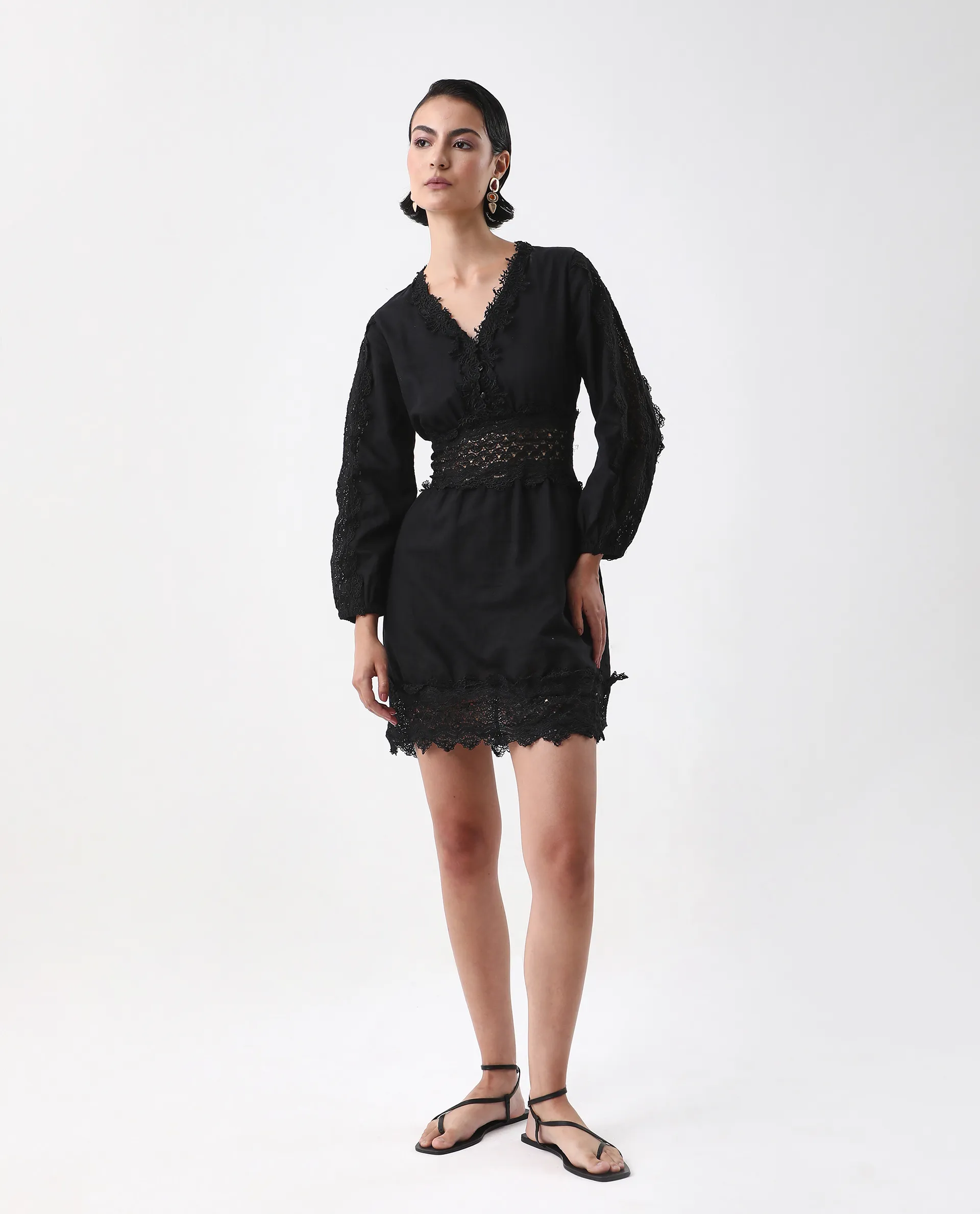Rareism Women's Shirley Black V-Neck Plain Bishop Sleeve Mini Fit And Flare Dress