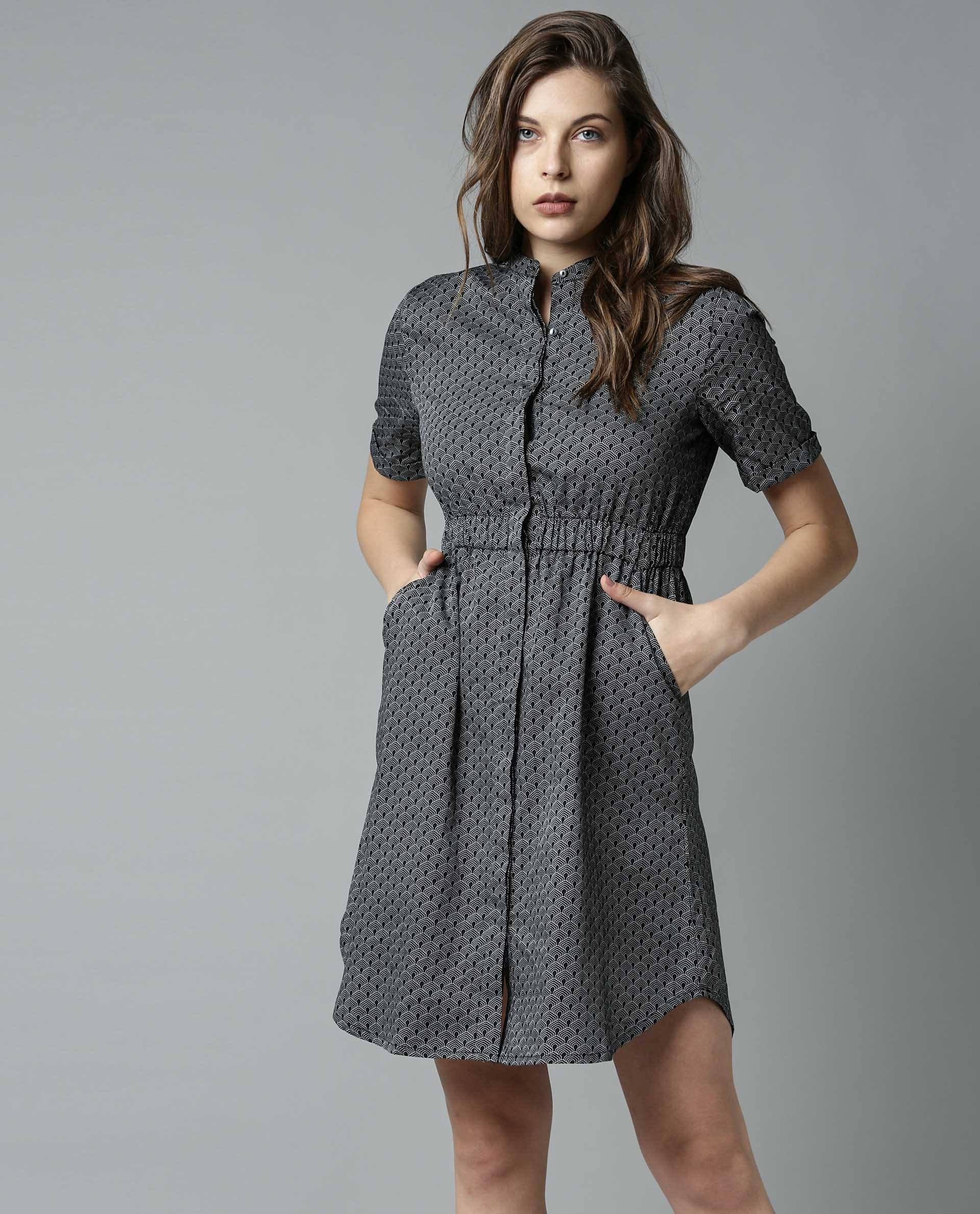Rareism Women Shove Black Dress Full Sleeves Printed