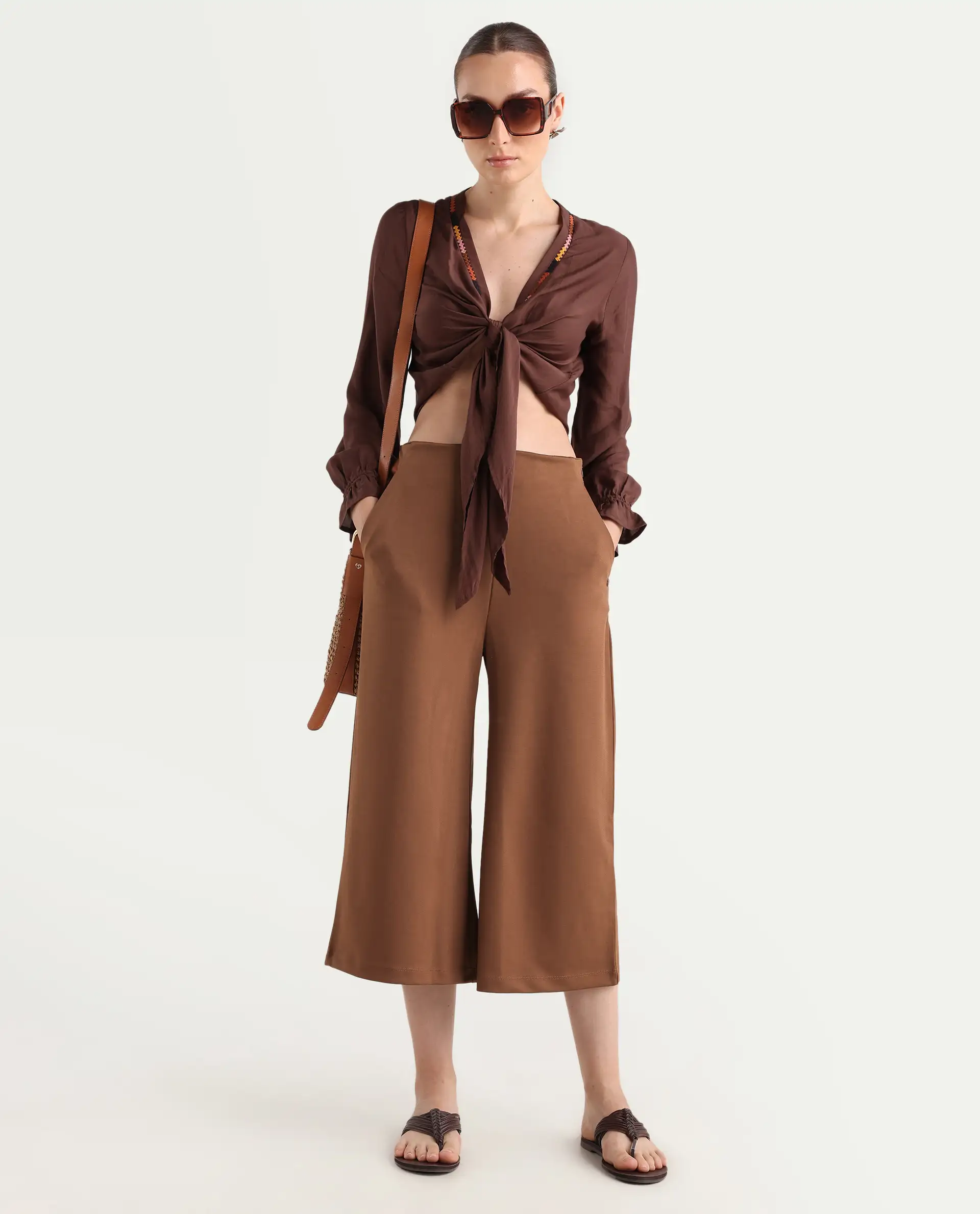 Rareism Women's Shoyo Dark Brown Polyester Plain Midi Flared Trouser
