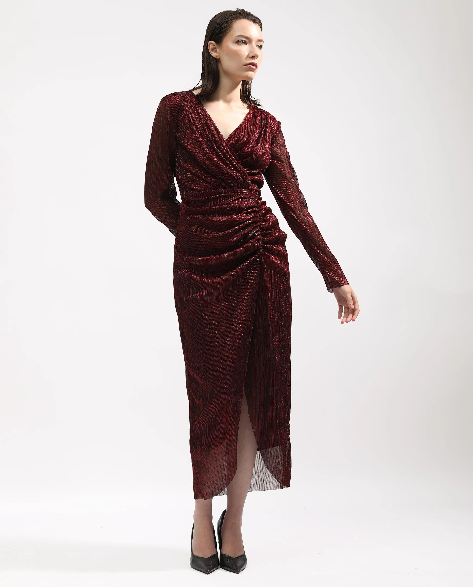Rareism Women's Siga Metalic Red Polyester Blend Collarless Shimmer Maxi Regular Fit Dress