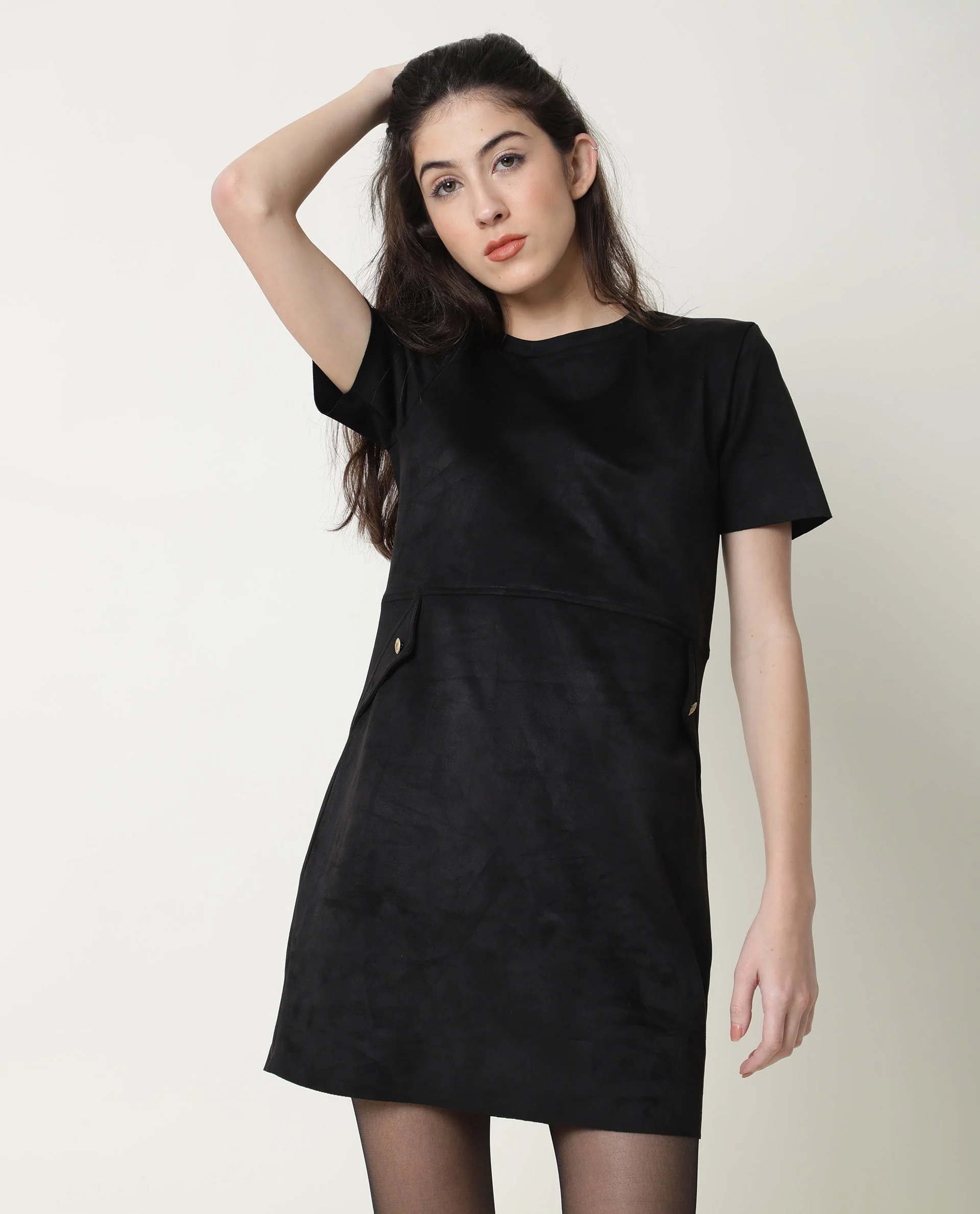 Rareism Women's Sions Black Crew Neck Plain Knee Length Tailored Dress