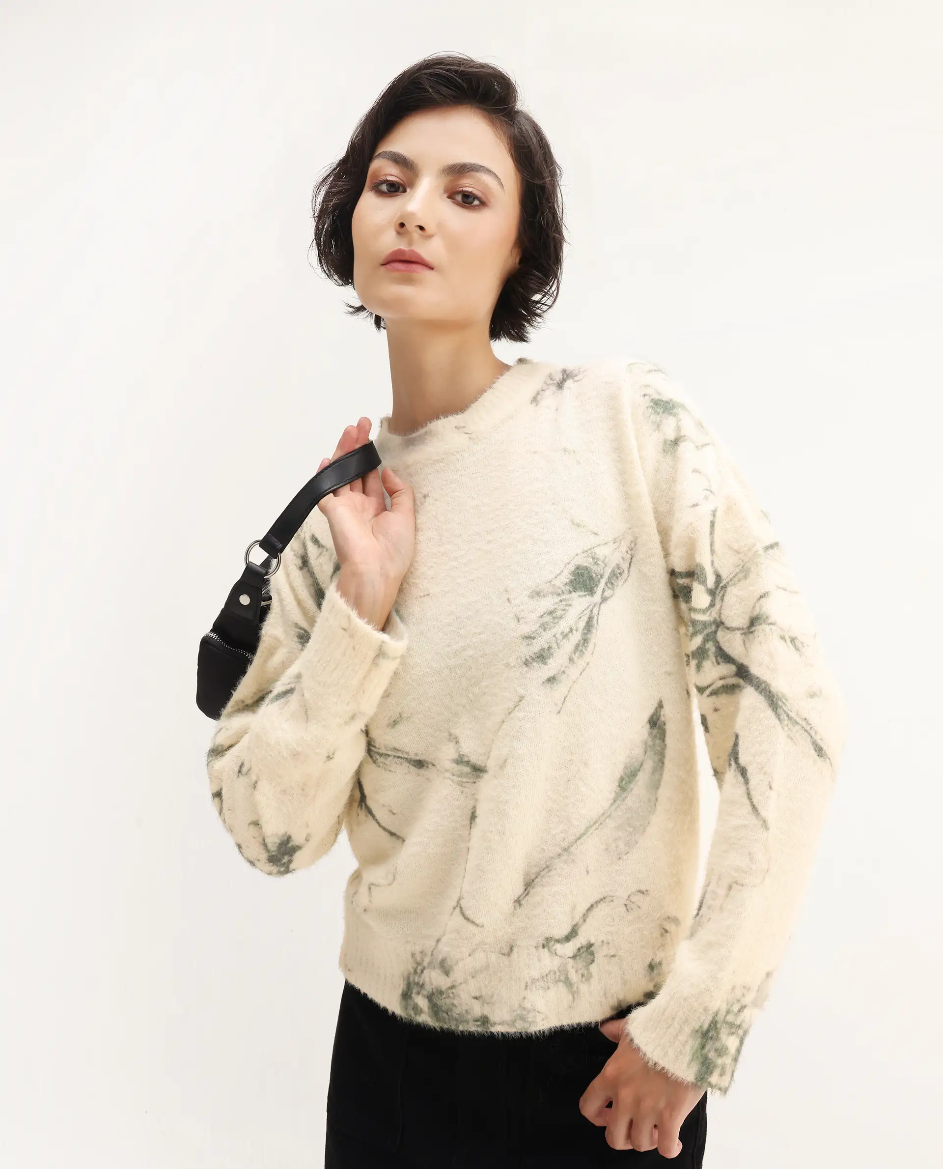 Rareism Women's Siriam Light Multi Acrylic Blend Crew Neck Relaxed Fit Sweater