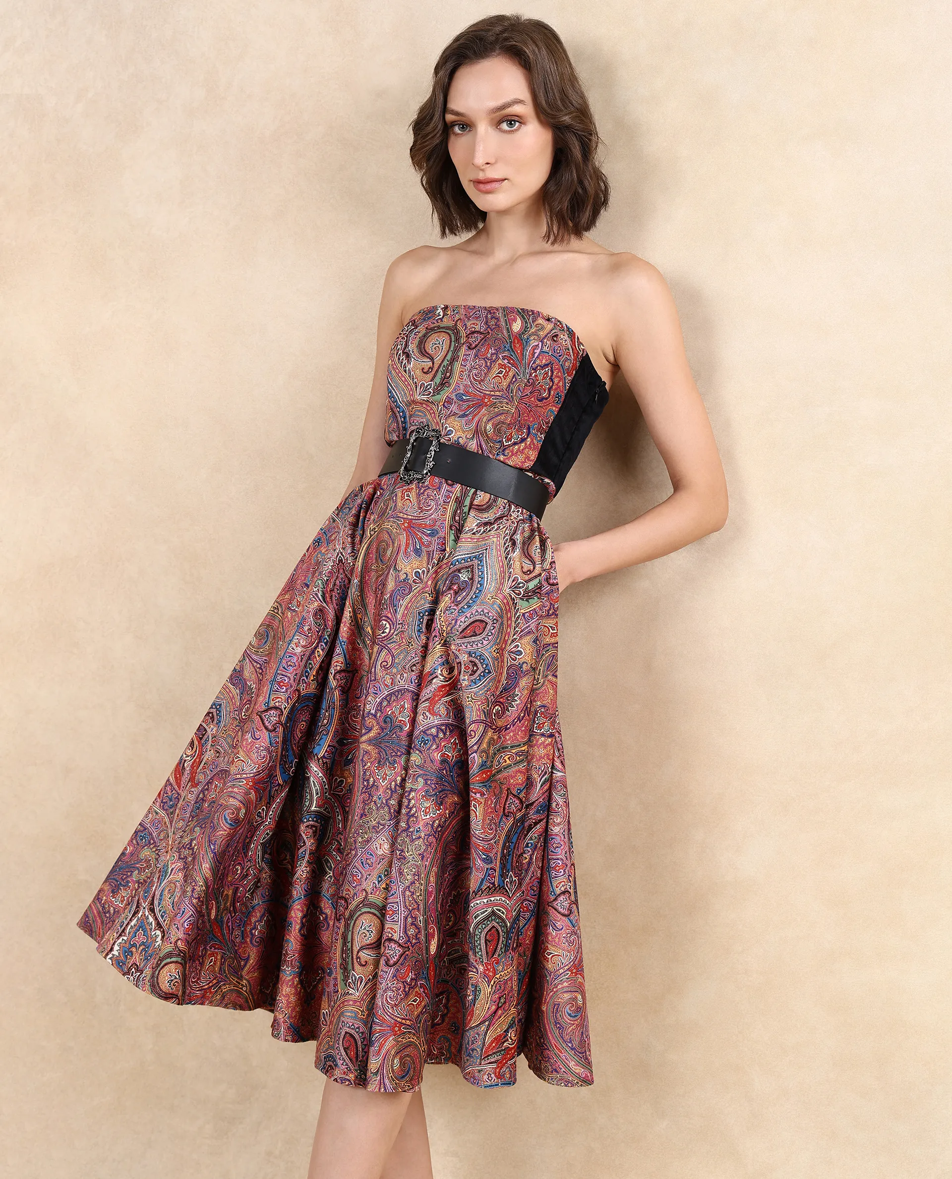 Rareism Women's Skegy Multi Velvet Tube Neck Paisley Print Sleeveless Midi Fit And Flare Dress